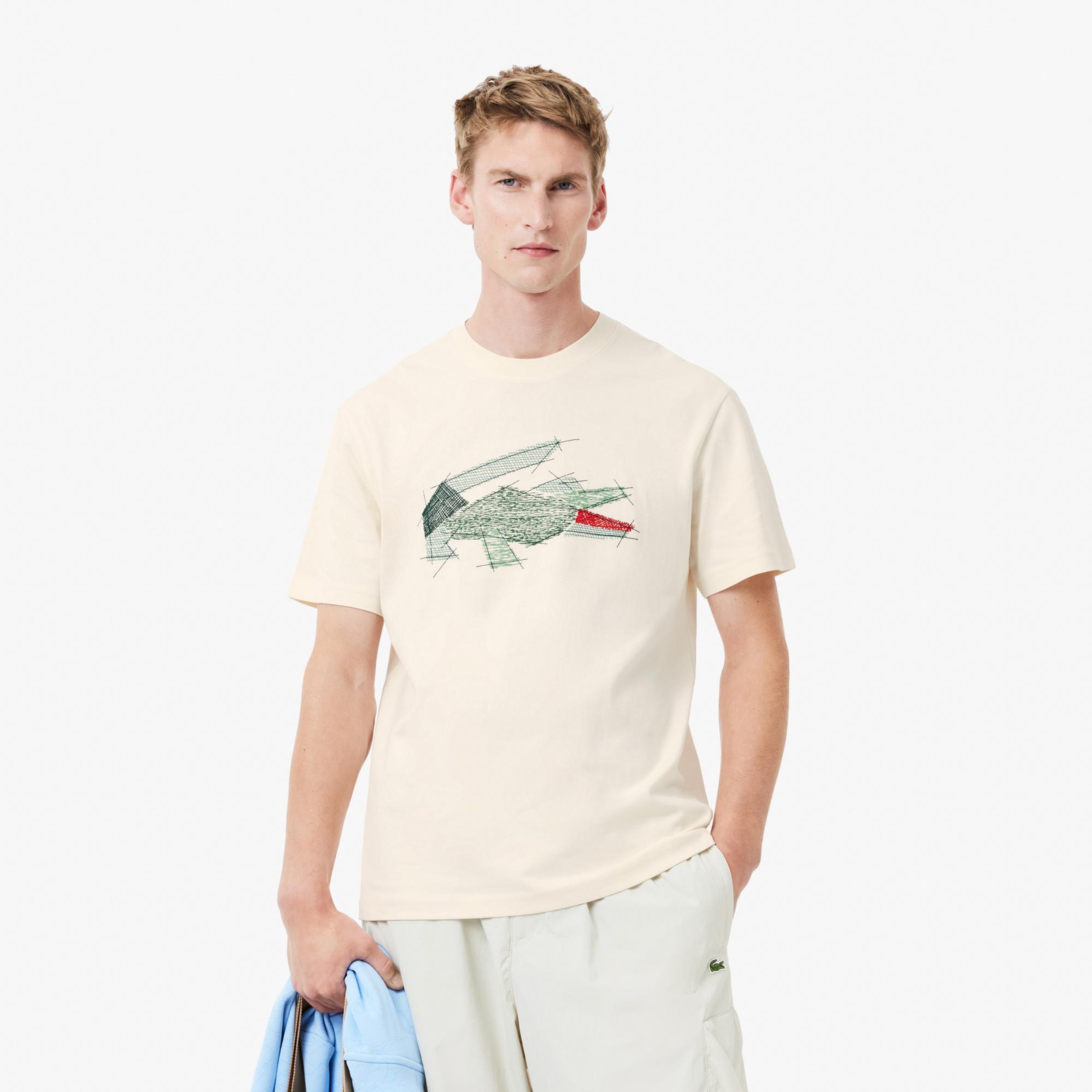Lacoste Erkek Classic Fit Bisiklet Yaka Baskılı Krem T-Shirt