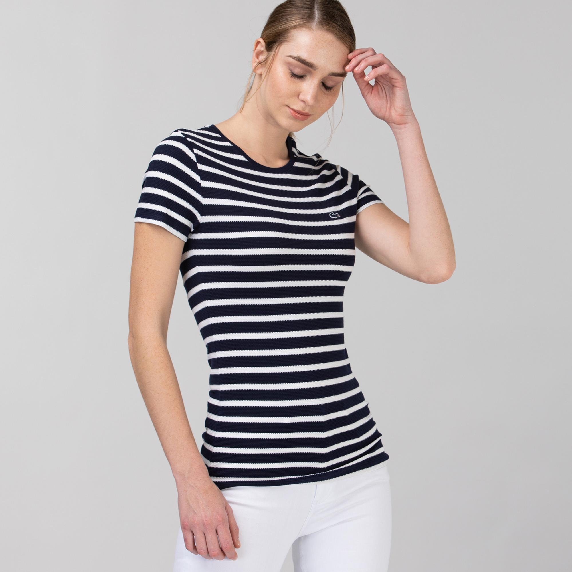 Kadın Slim Fit Bisiklet Yaka Çizgili Lacivert T-Shirt