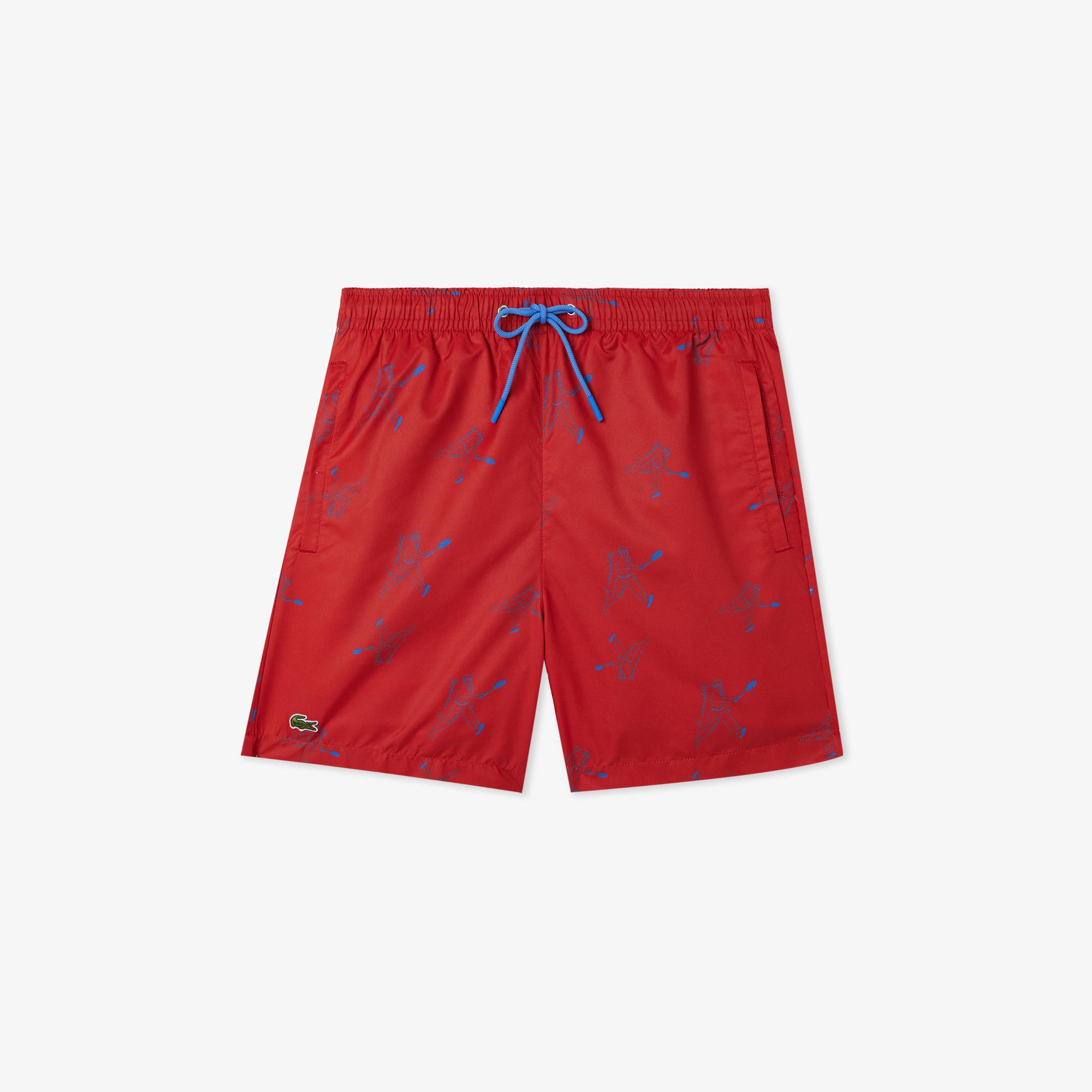 Lacoste Erkek Regular Fit Desenli Kırmızı Deniz Şortu