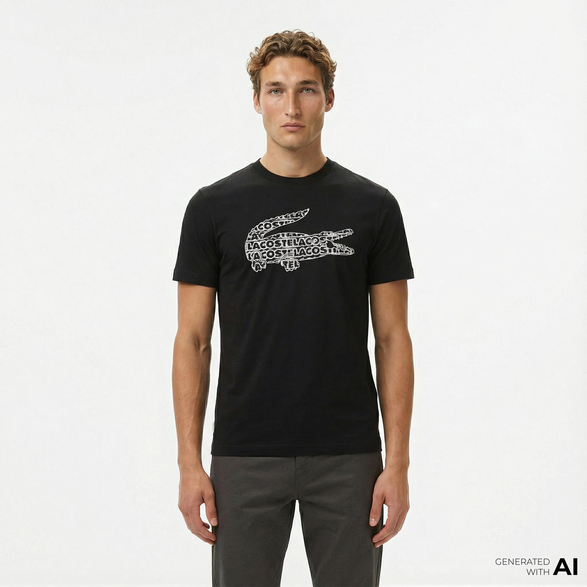 Lacoste Erkek Regular Fit Bisiklet Yaka Baskılı Siyah T-Shirt