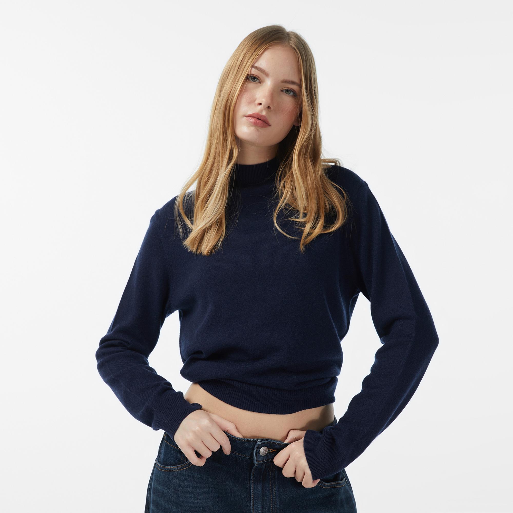 Tommy Hilfiger Wool Cash Mock Kadın Lacivert Kazak