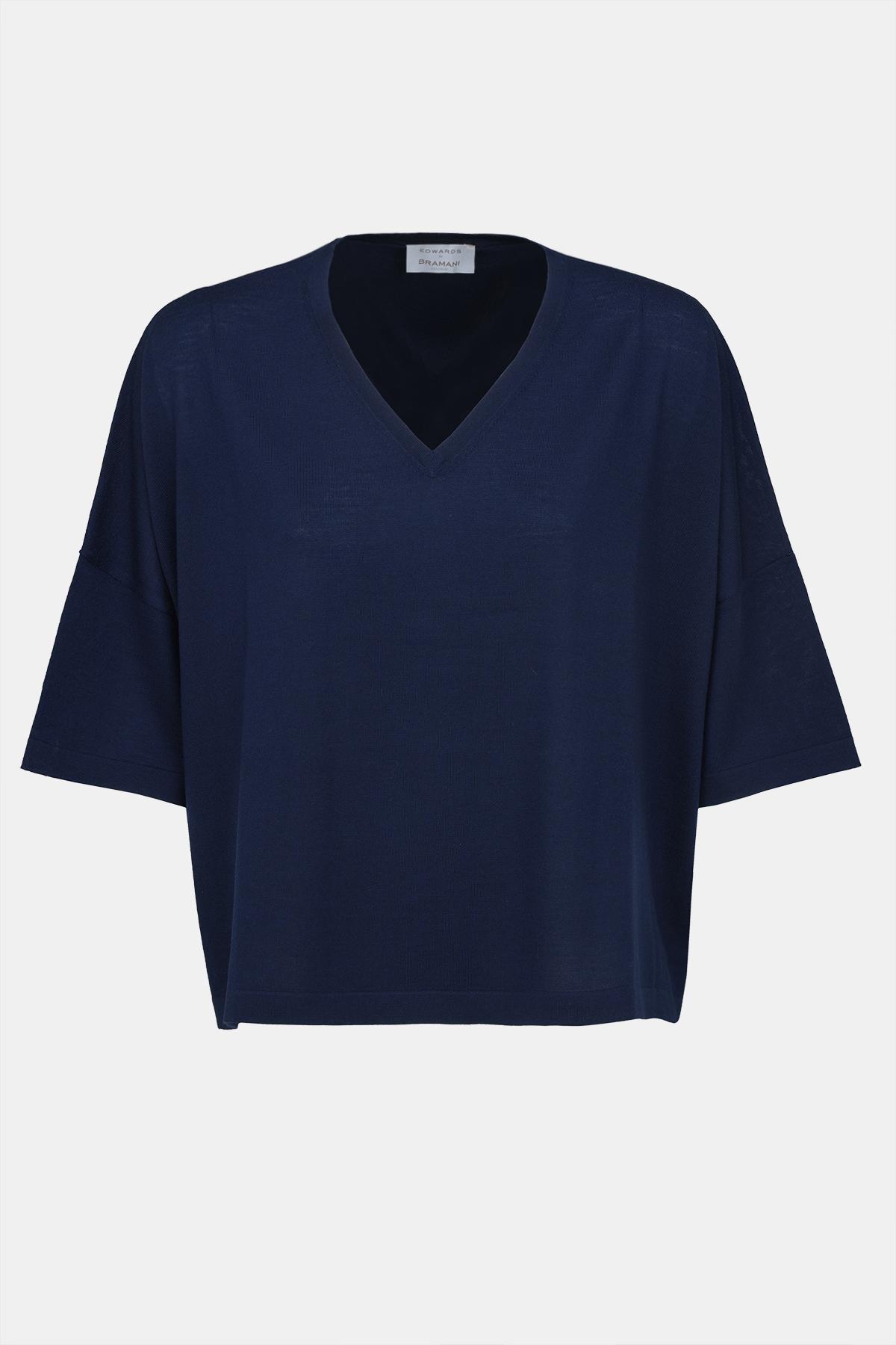 Kadın Lacivert Yün V Yaka Oversize Kazak