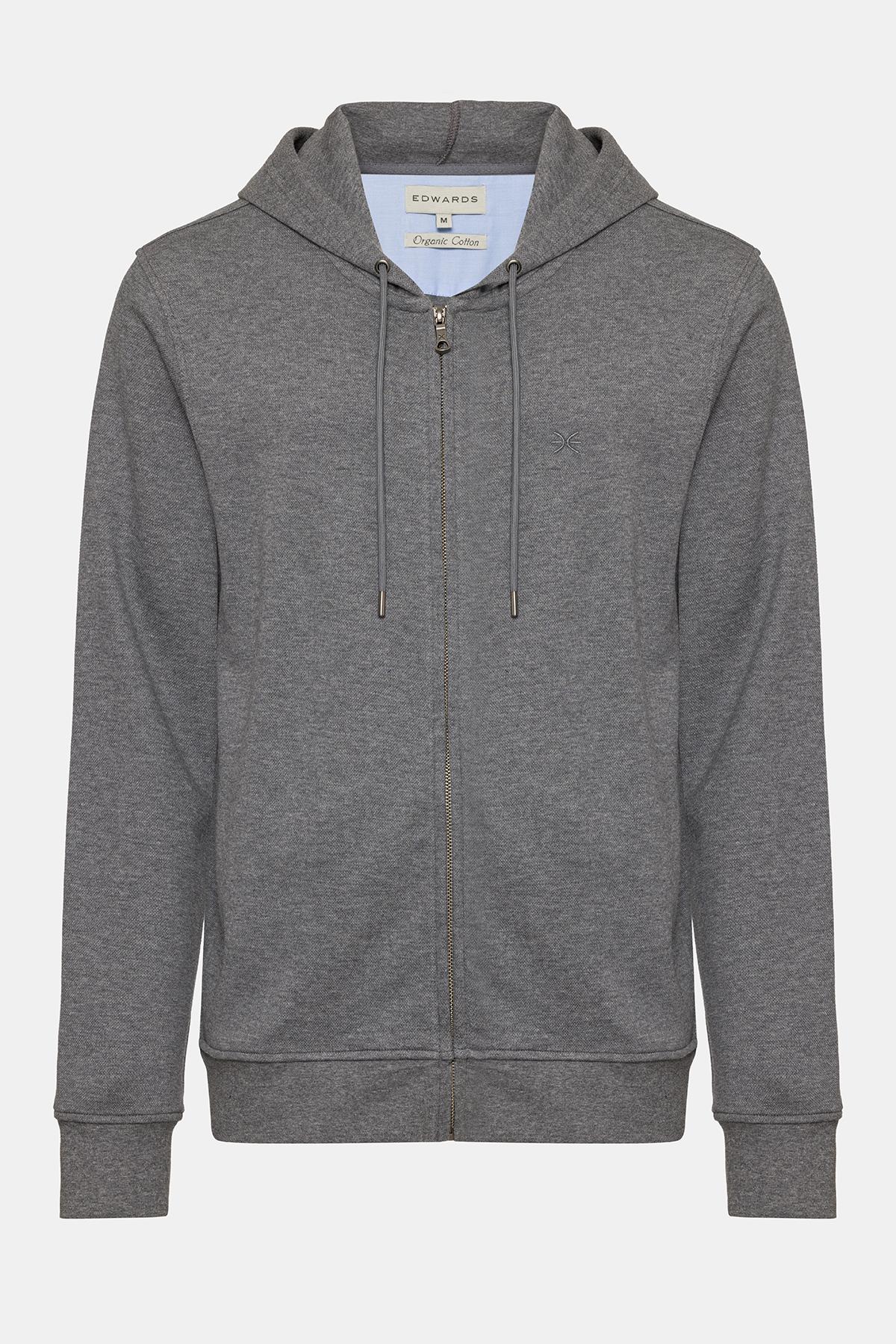 Erkek Gri Melanj Tam Fermuarlı Organik Pamuklu Kapüşonlu Sweatshirt