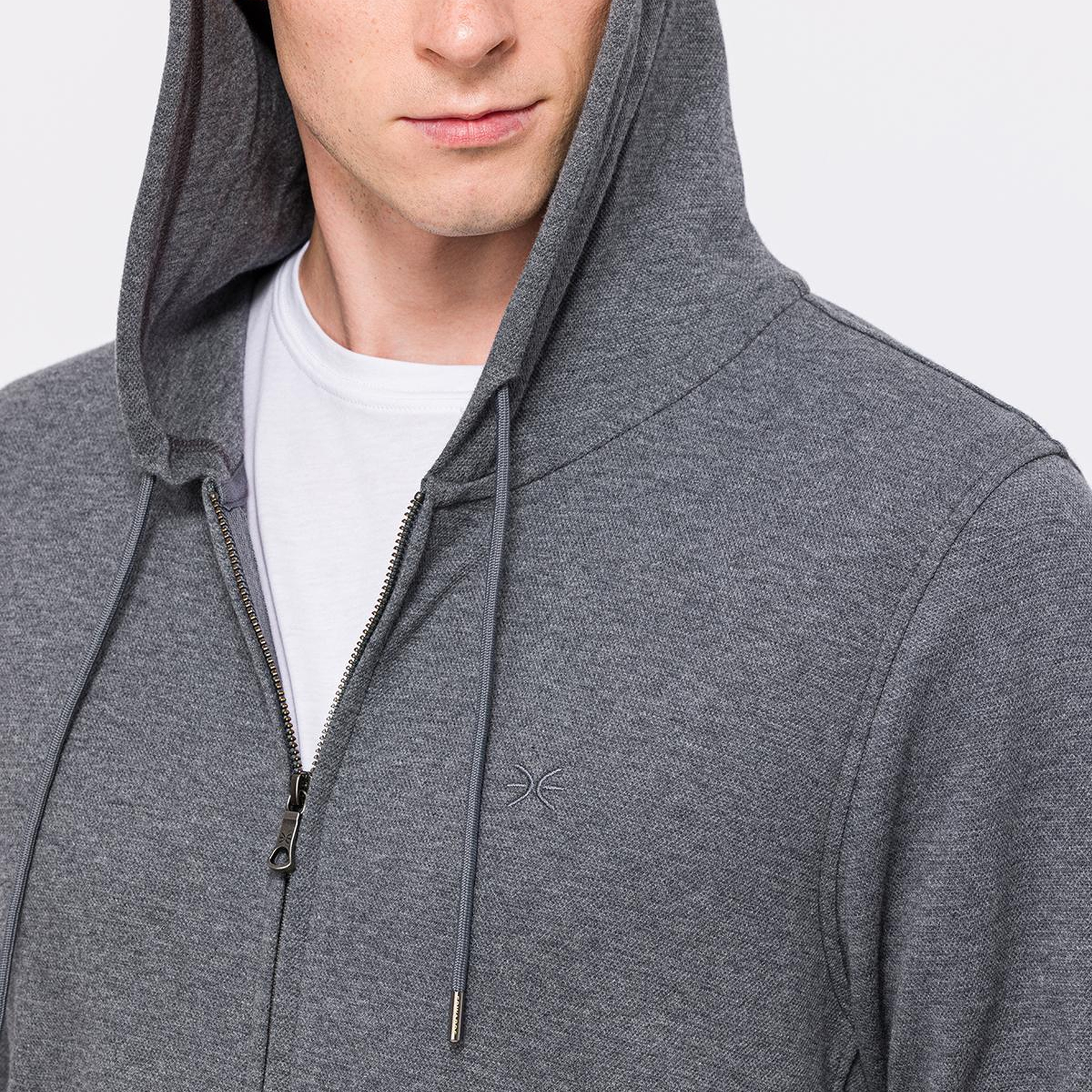 Erkek Gri Melanj Tam Fermuarlı Organik Pamuklu Kapüşonlu Sweatshirt