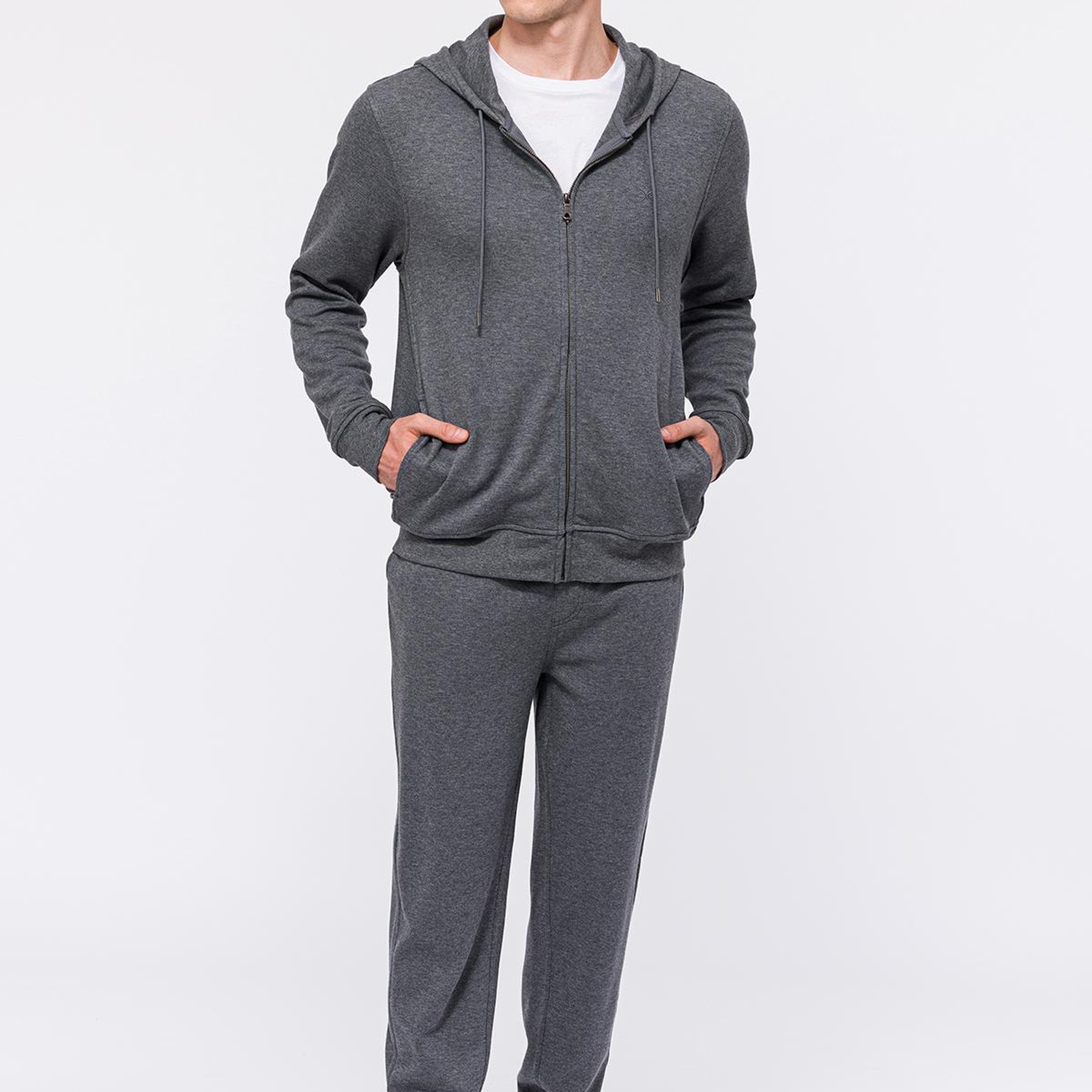 Erkek Gri Melanj Tam Fermuarlı Organik Pamuklu Kapüşonlu Sweatshirt