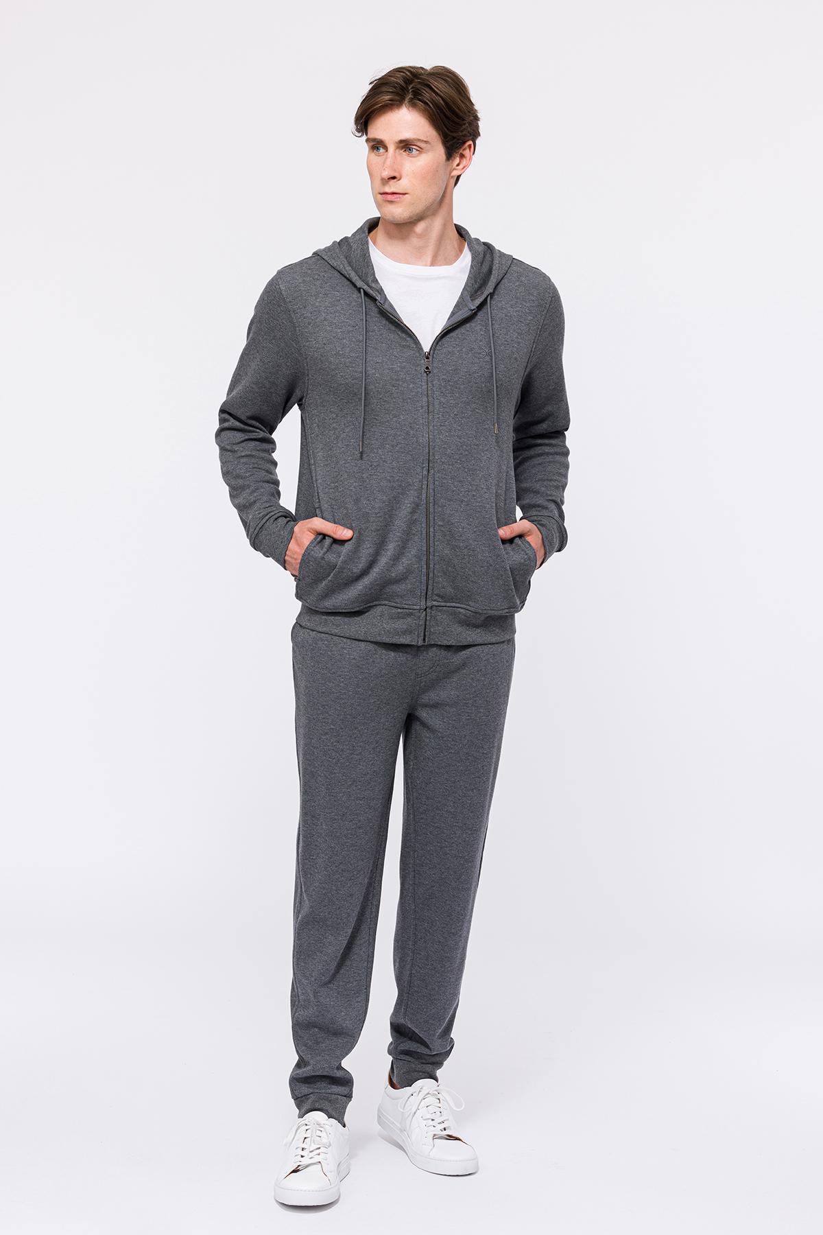 Erkek Gri Melanj Tam Fermuarlı Organik Pamuklu Kapüşonlu Sweatshirt