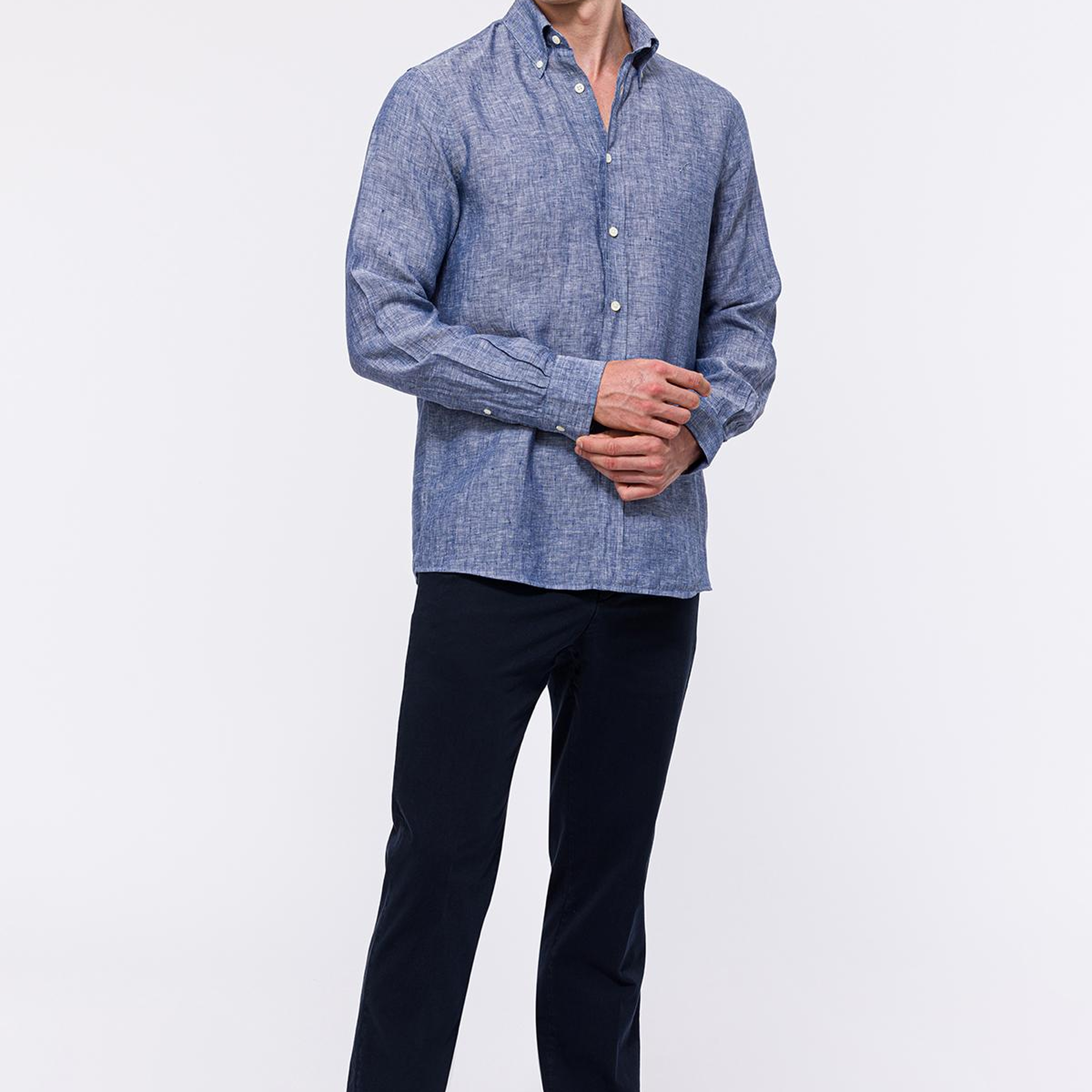 Erkek İndigo Cooper Fit Düğmeli Yaka Keten Gömlek