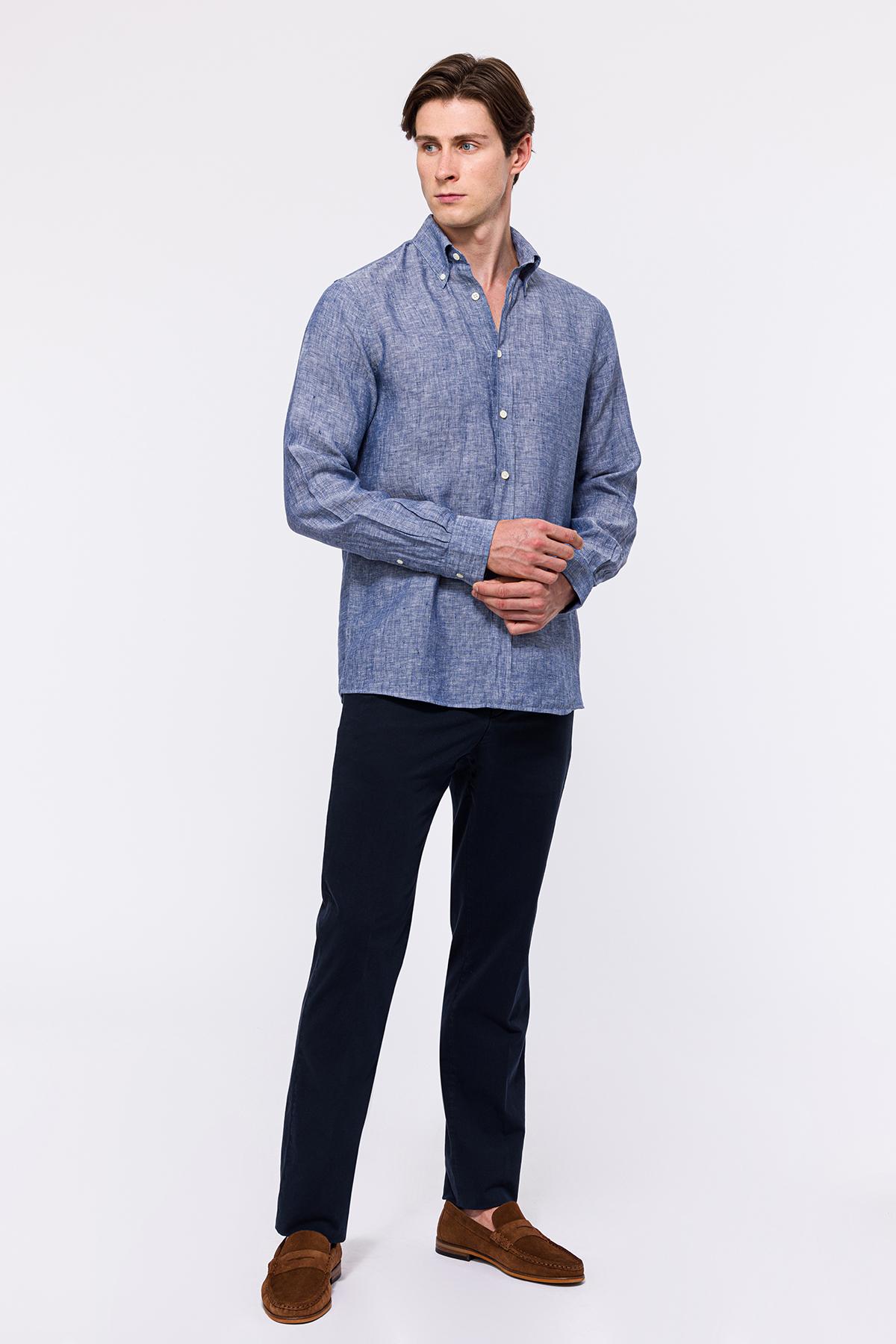 Erkek İndigo Cooper Fit Düğmeli Yaka Keten Gömlek
