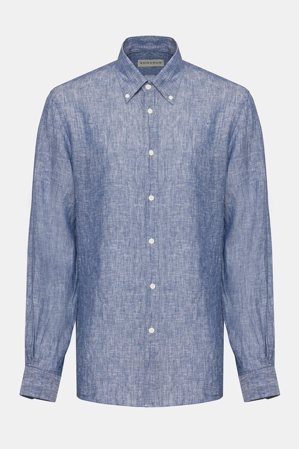 Erkek İndigo Cooper Fit Düğmeli Yaka Keten Gömlek