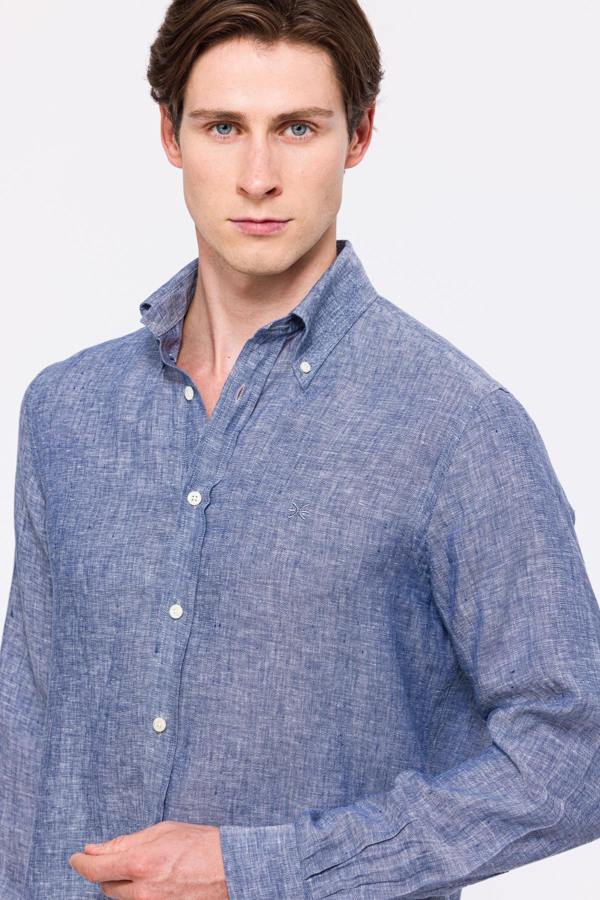 Erkek İndigo Cooper Fit Düğmeli Yaka Keten Gömlek