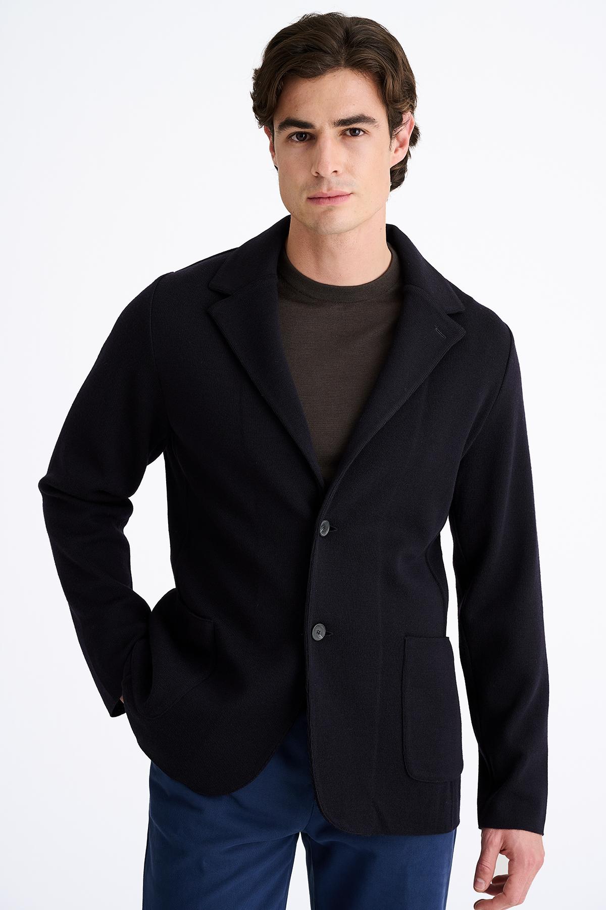 Erkek Lacivert Extrafine Yün Triko Ceket