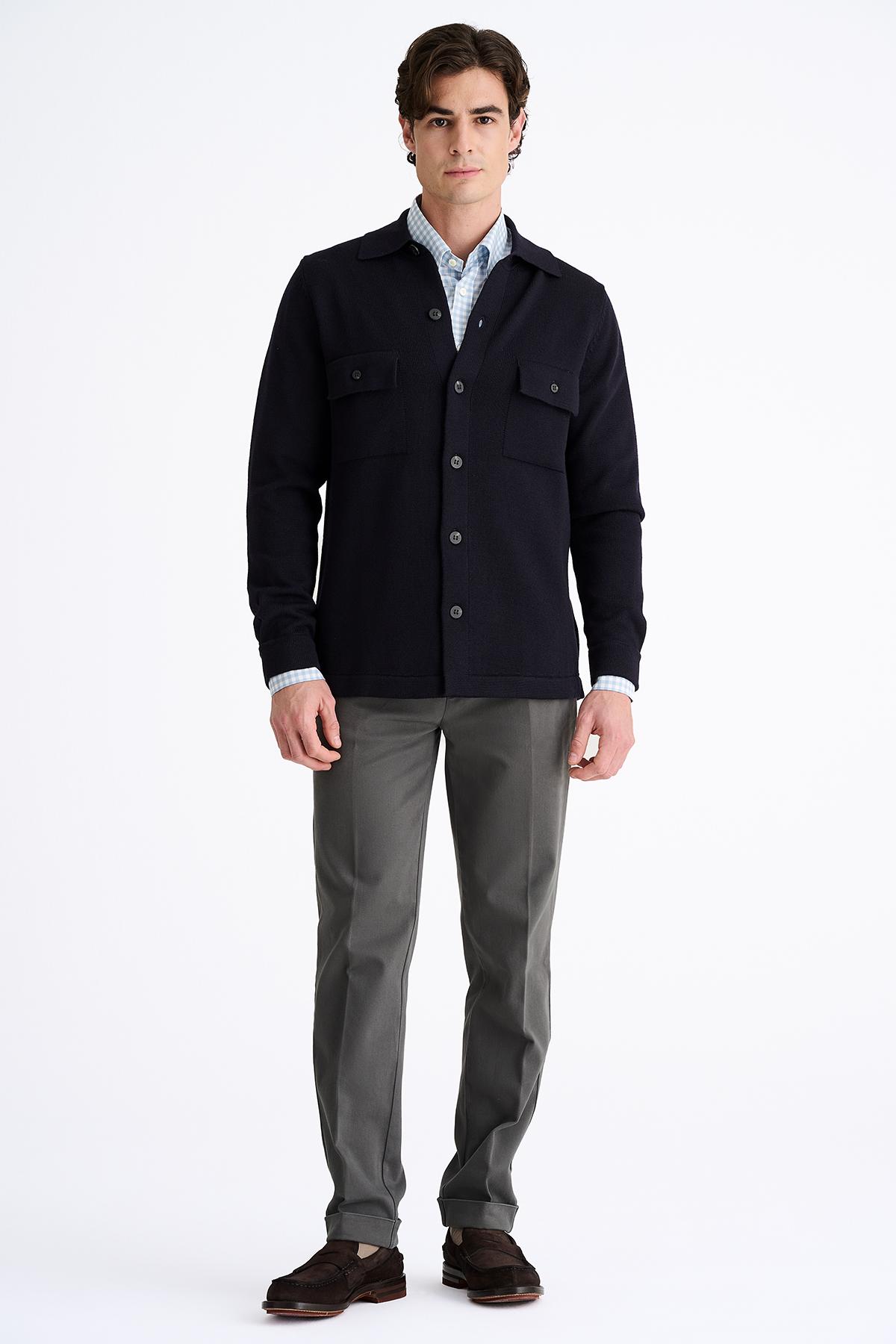 Erkek Lacivert Extrafine Yün Overshirt Triko