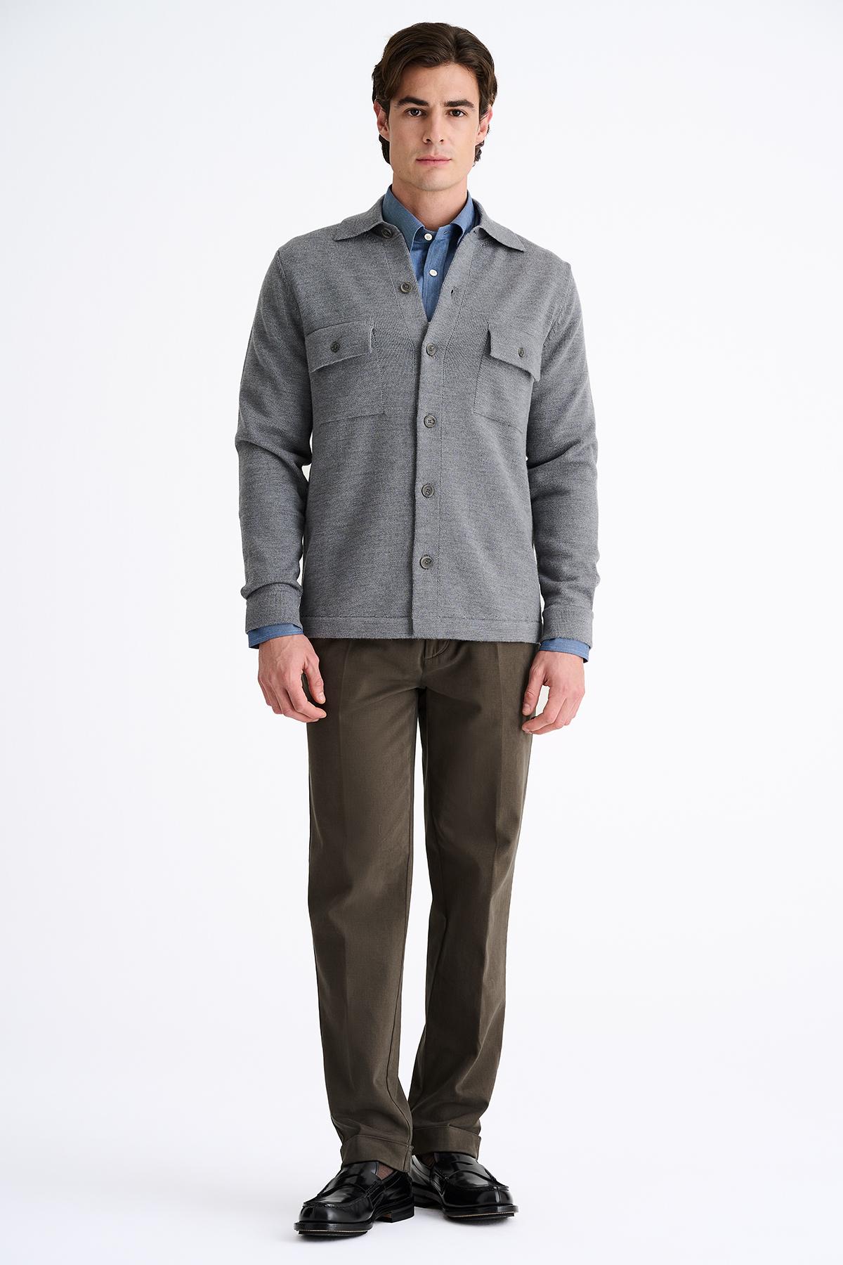 Erkek Gri Extrafine Yün Overshirt Triko