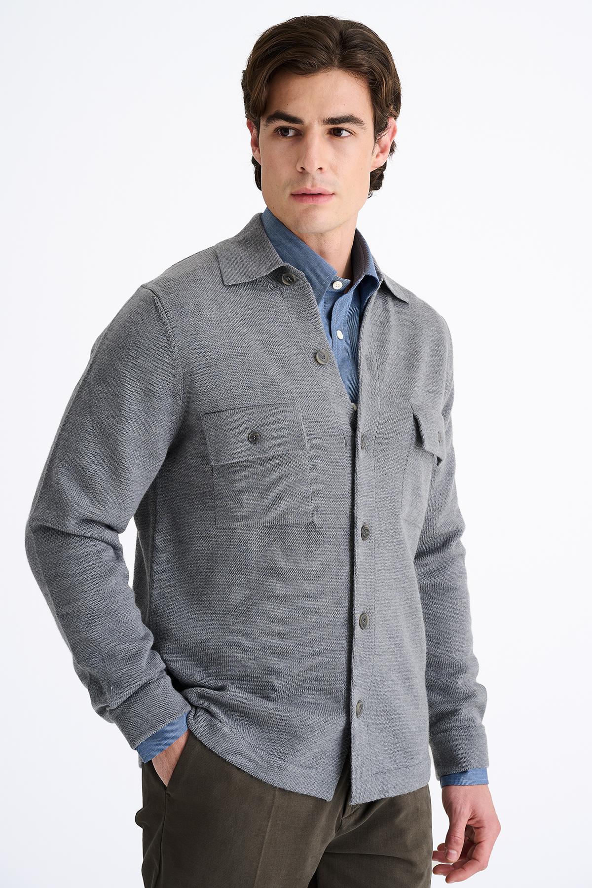 Erkek Gri Extrafine Yün Overshirt Triko