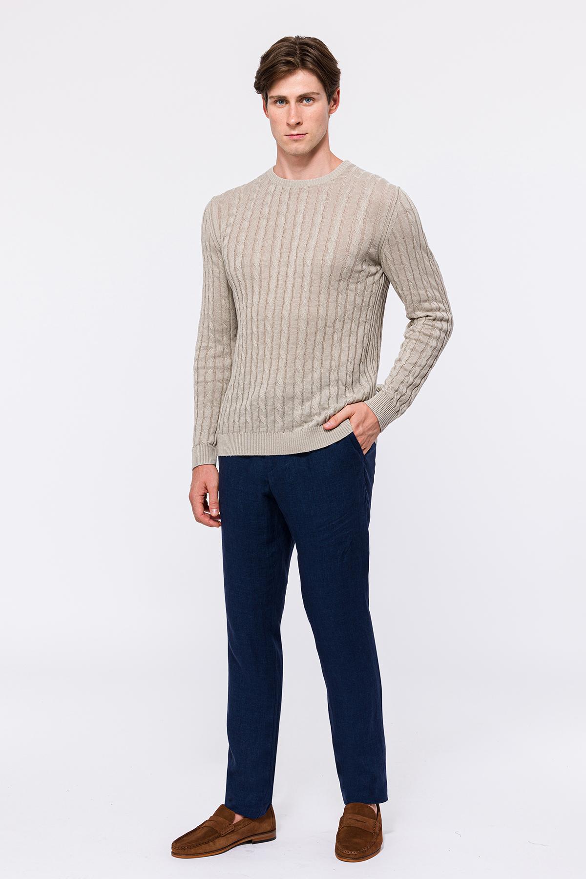 Erkek Bej Saç Örgülü Bisiklet Yaka Keten Kazak