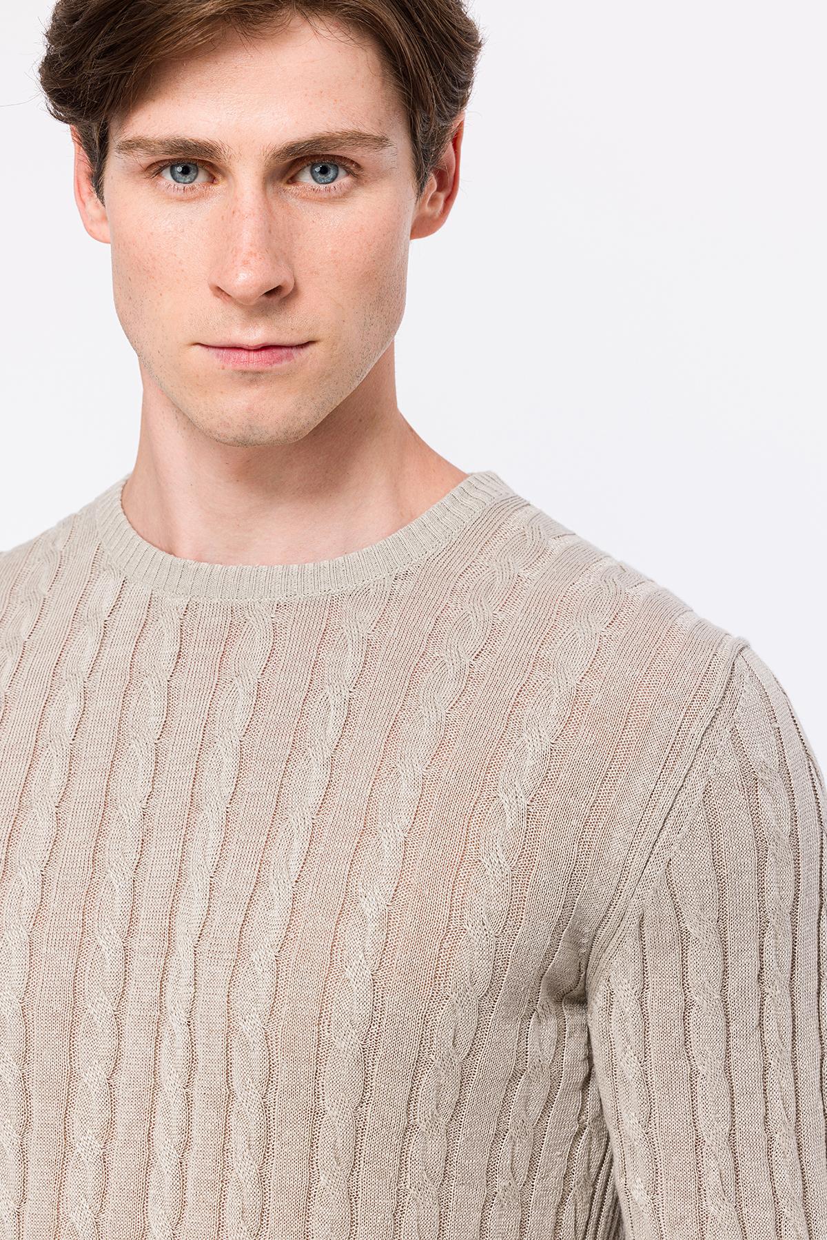 Erkek Bej Saç Örgülü Bisiklet Yaka Keten Kazak