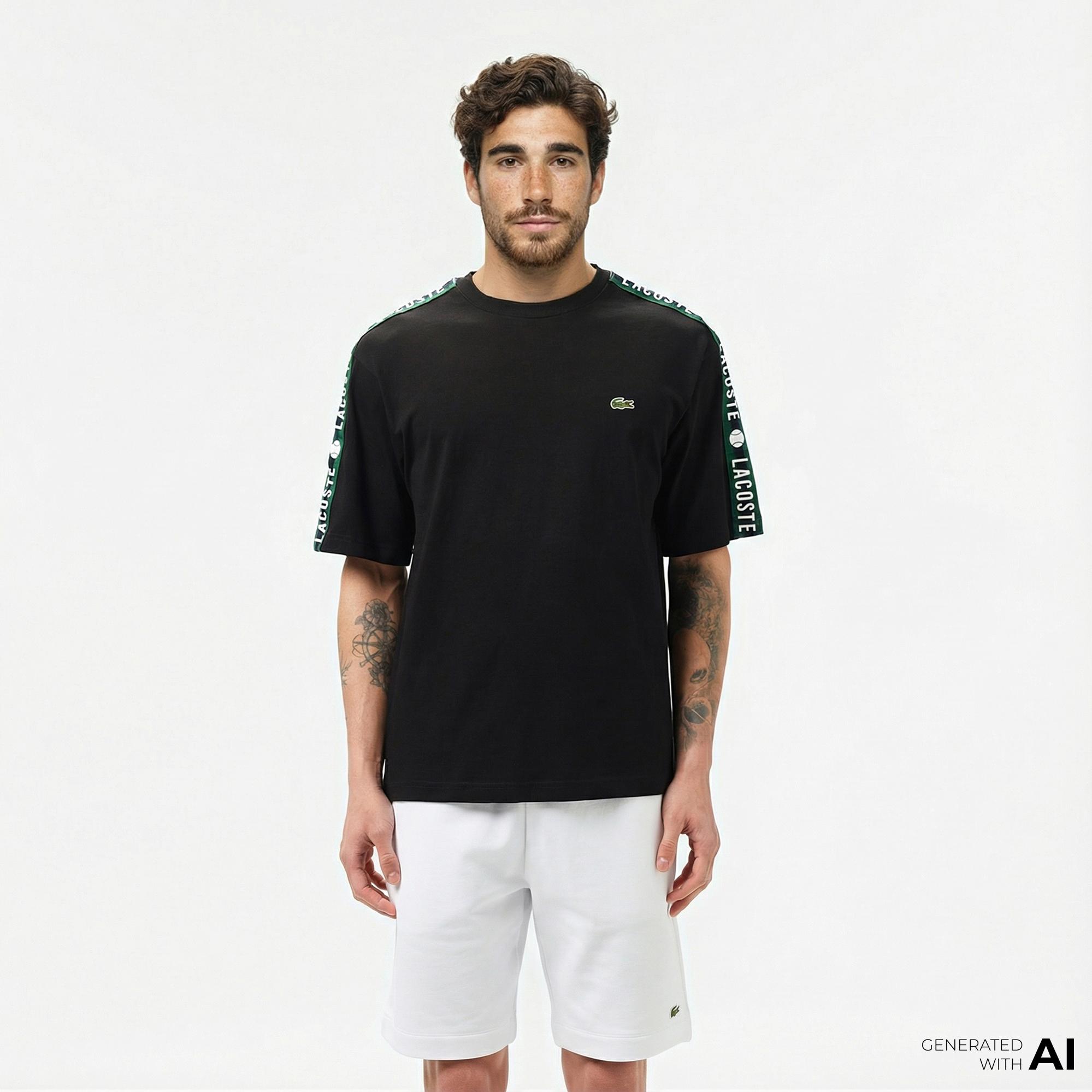 Lacoste Erkek Relaxed Fit Bisiklet Yaka Baskılı Siyah T-Shirt