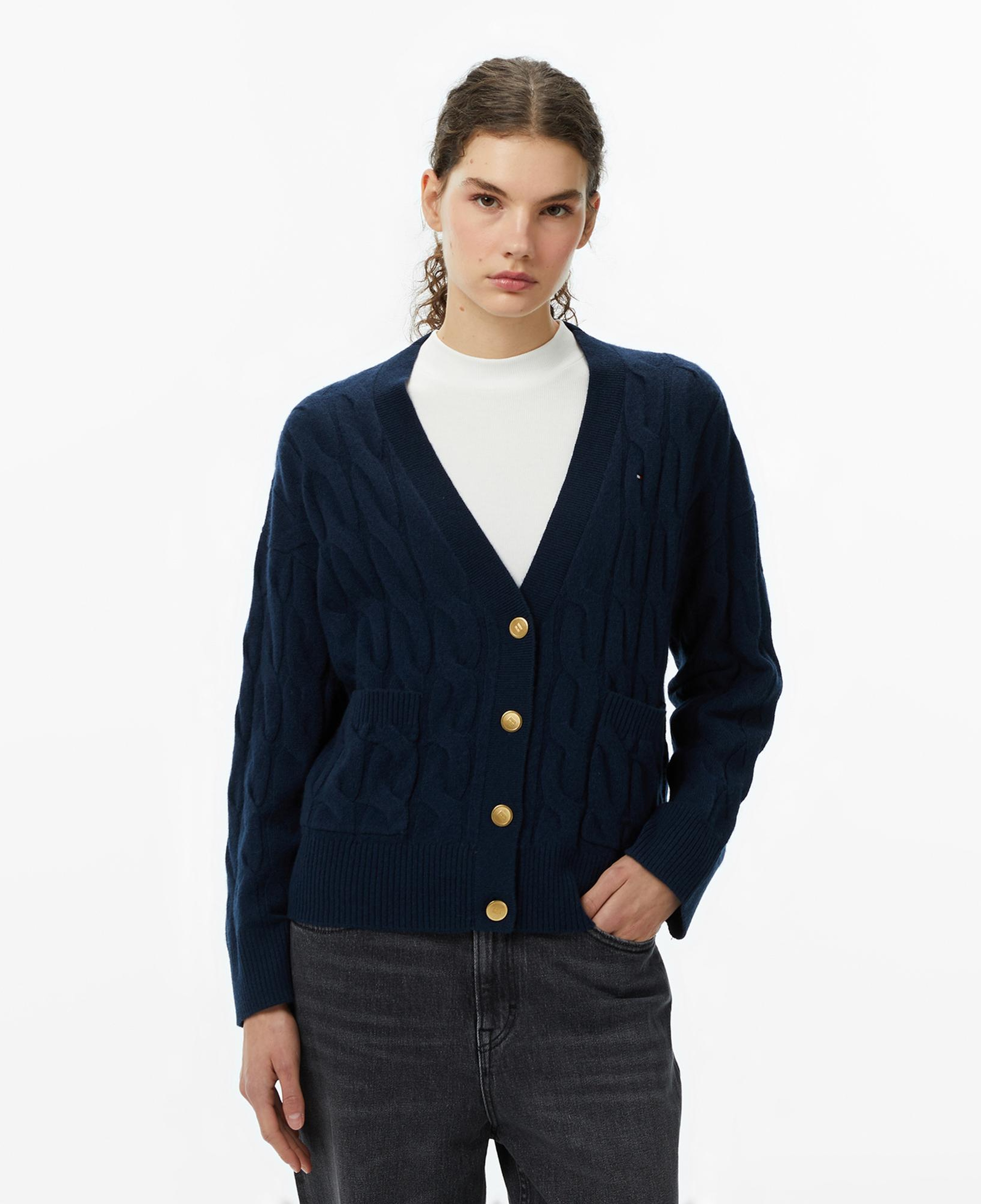 Tommy Hilfiger Mainline Soft Wool Cable Cardigan Kadın Lacivert Hırka