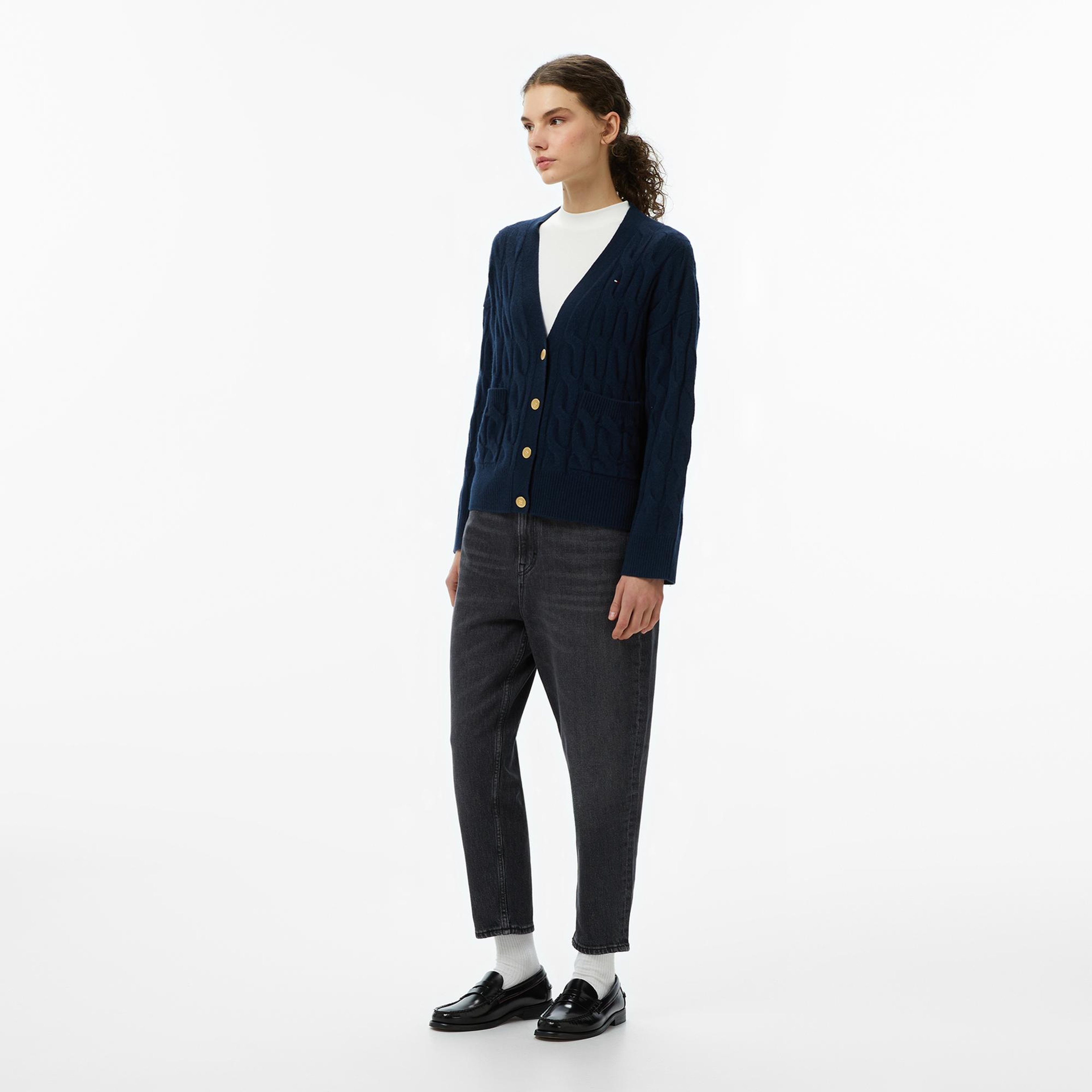 Tommy Hilfiger Mainline Soft Wool Cable Cardigan Kadın Lacivert Hırka