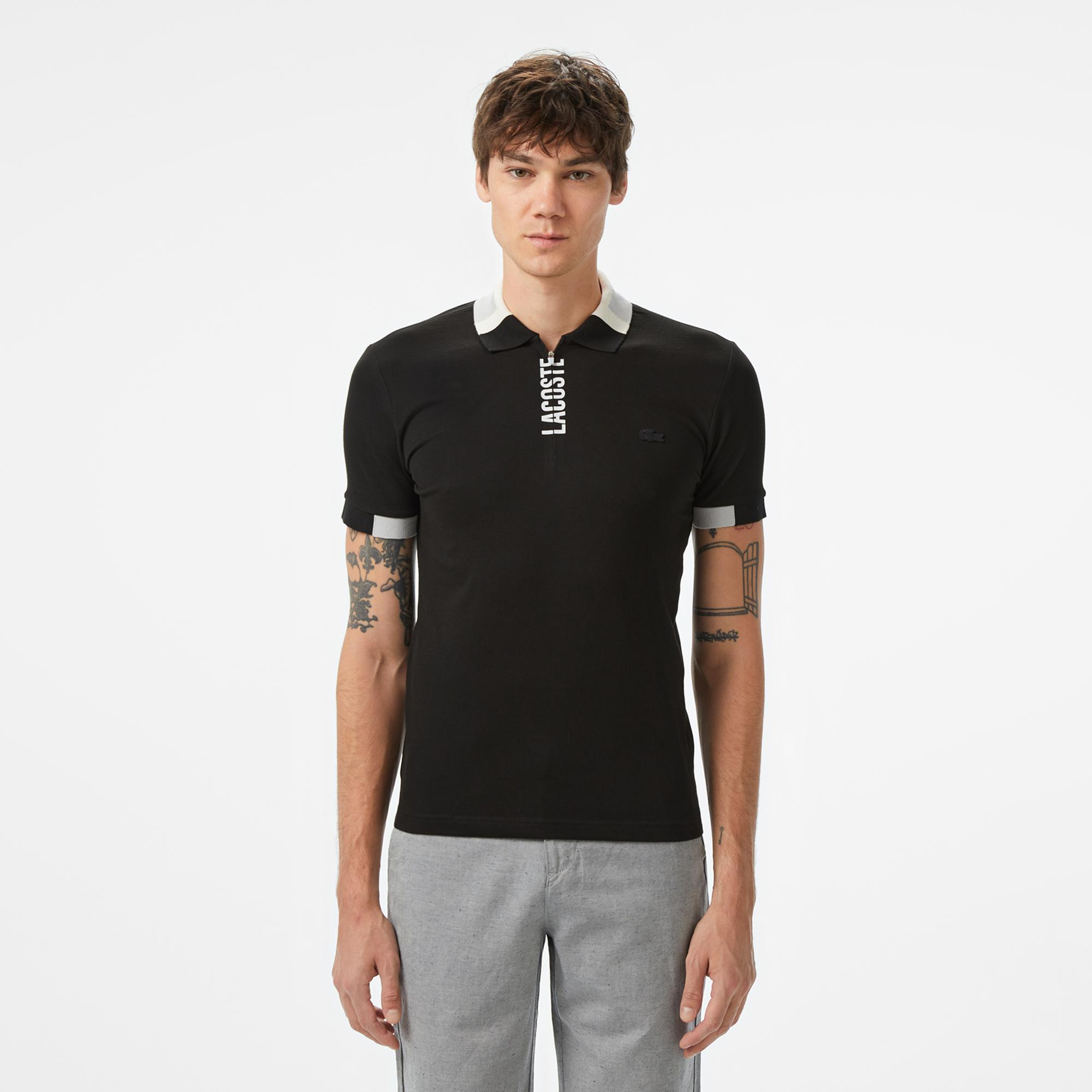 Lacoste Erkek Regular Fit Yarım Fermuarlı Baskılı Siyah Polo