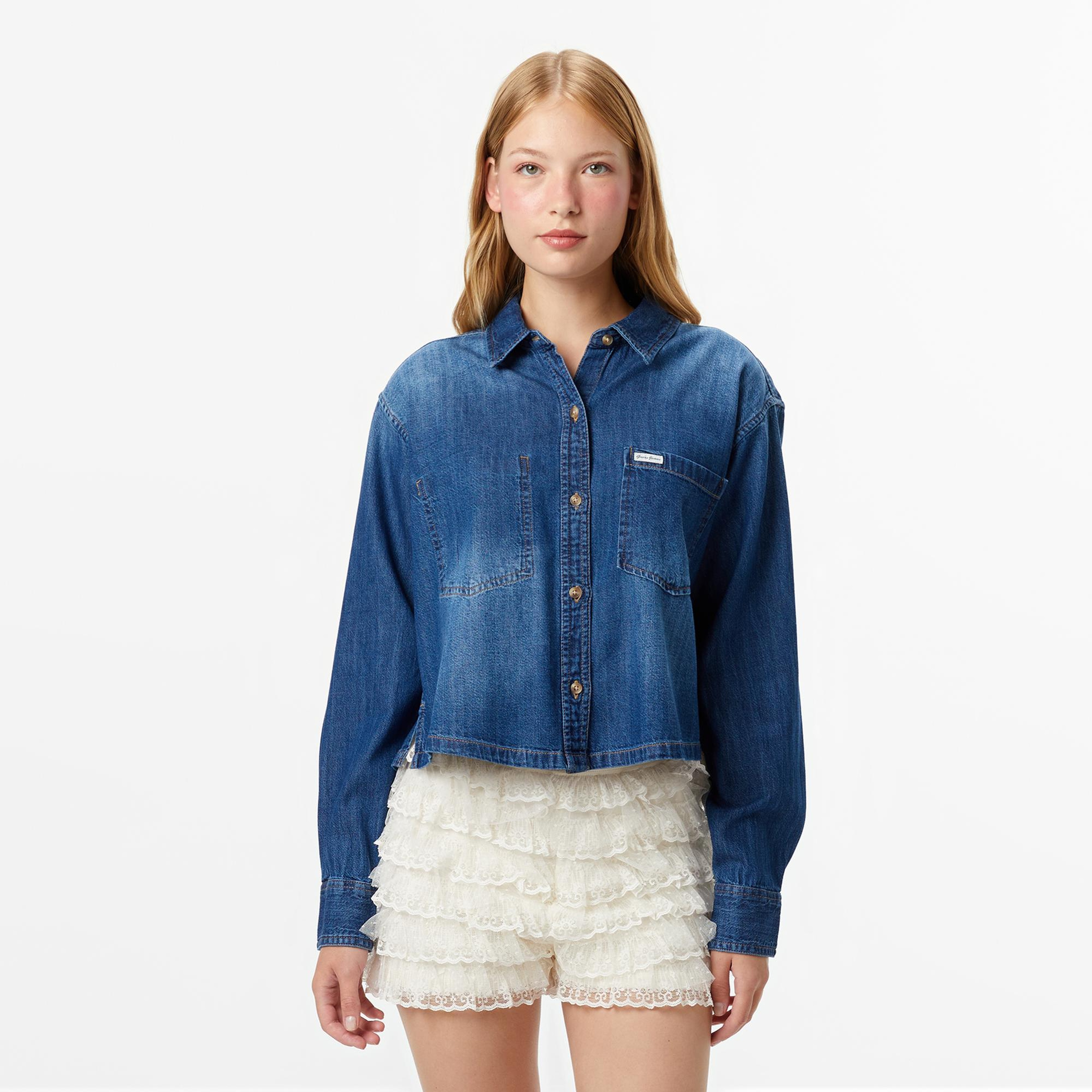 Guess Jeans Denim Kadın Mavi Gömlek