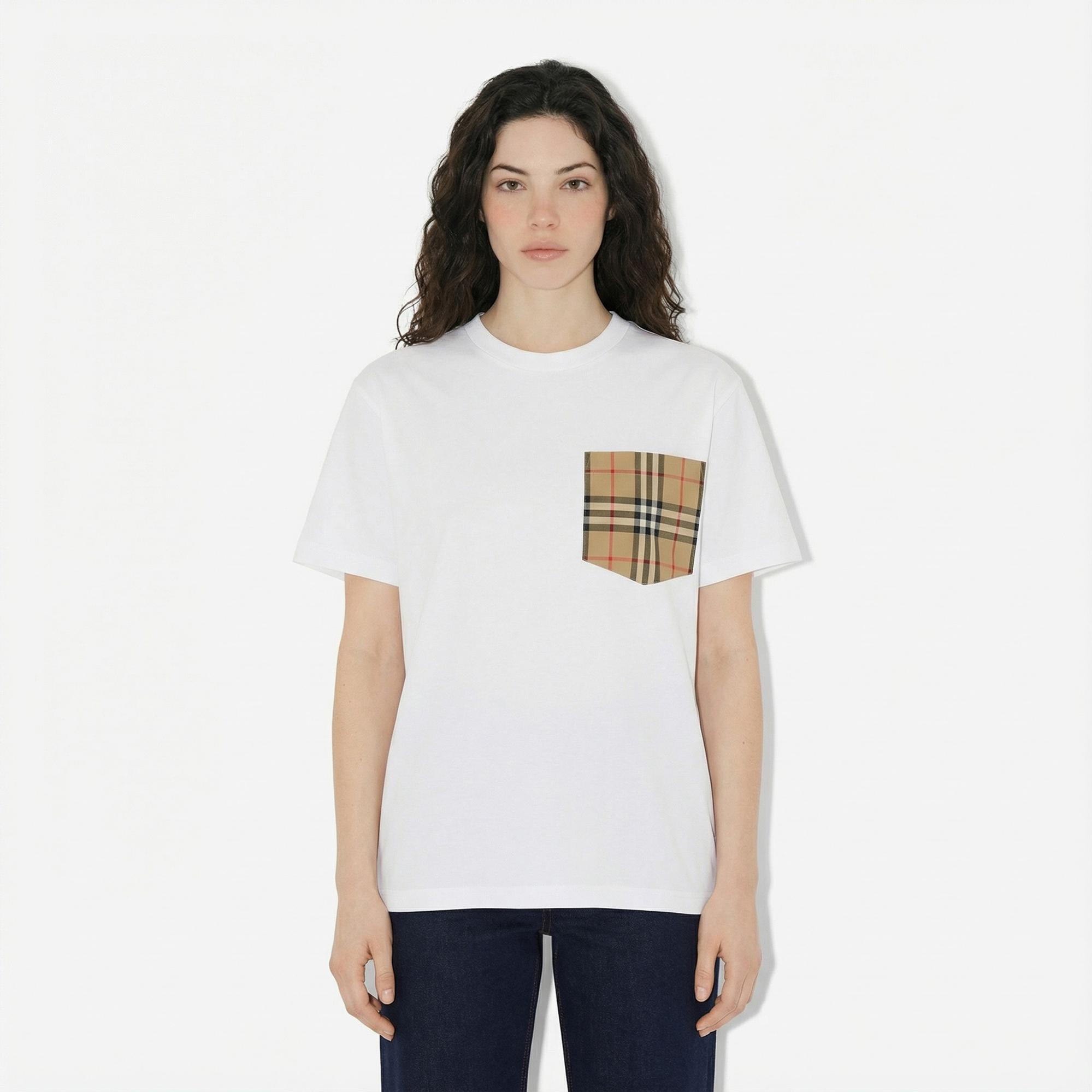Burberry Check Pocket Pamuklu Kadın Beyaz T-Shirt