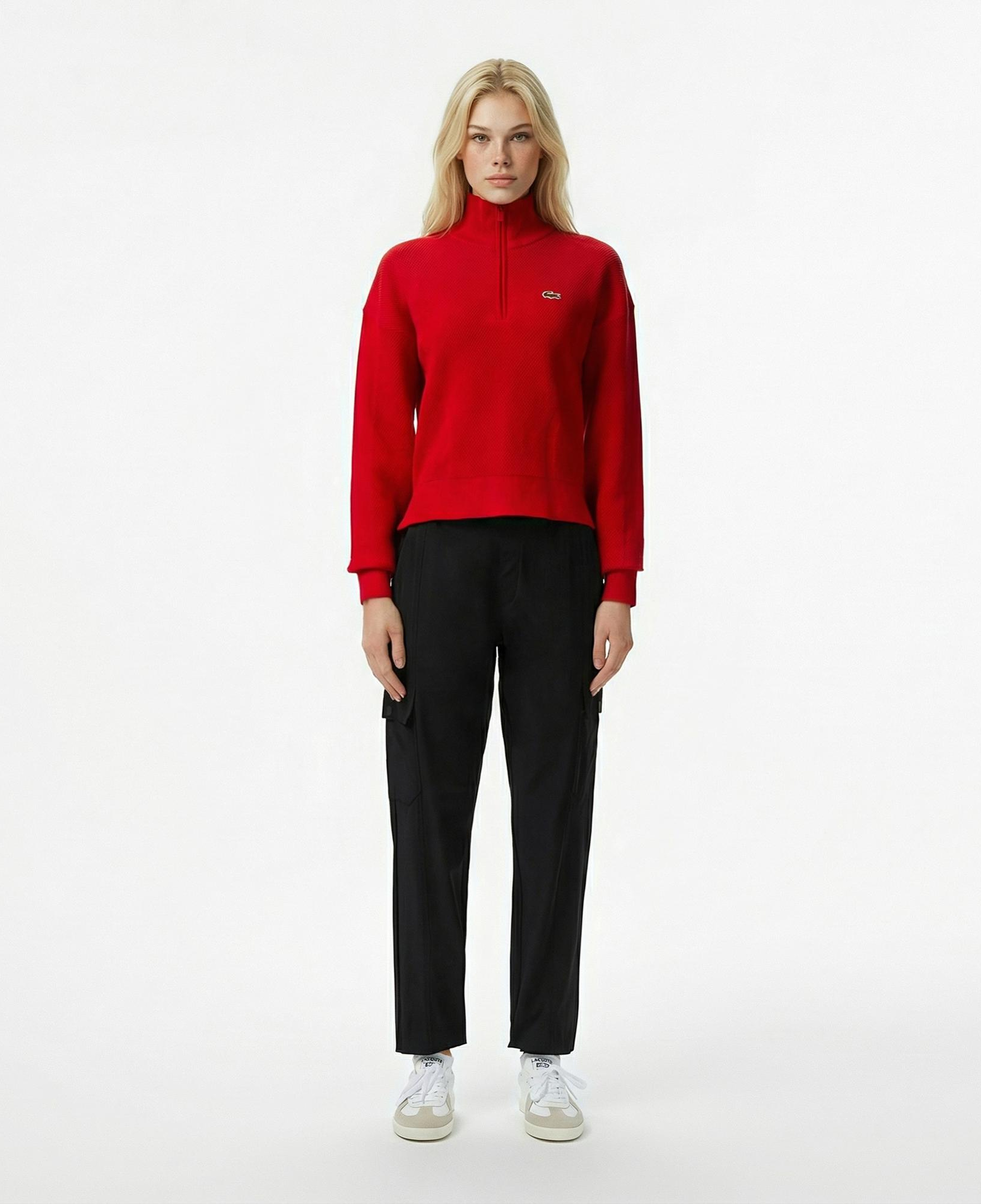 Lacoste Kadın Relaxed Fit Yarım Fermuarlı Kırmızı Kazak