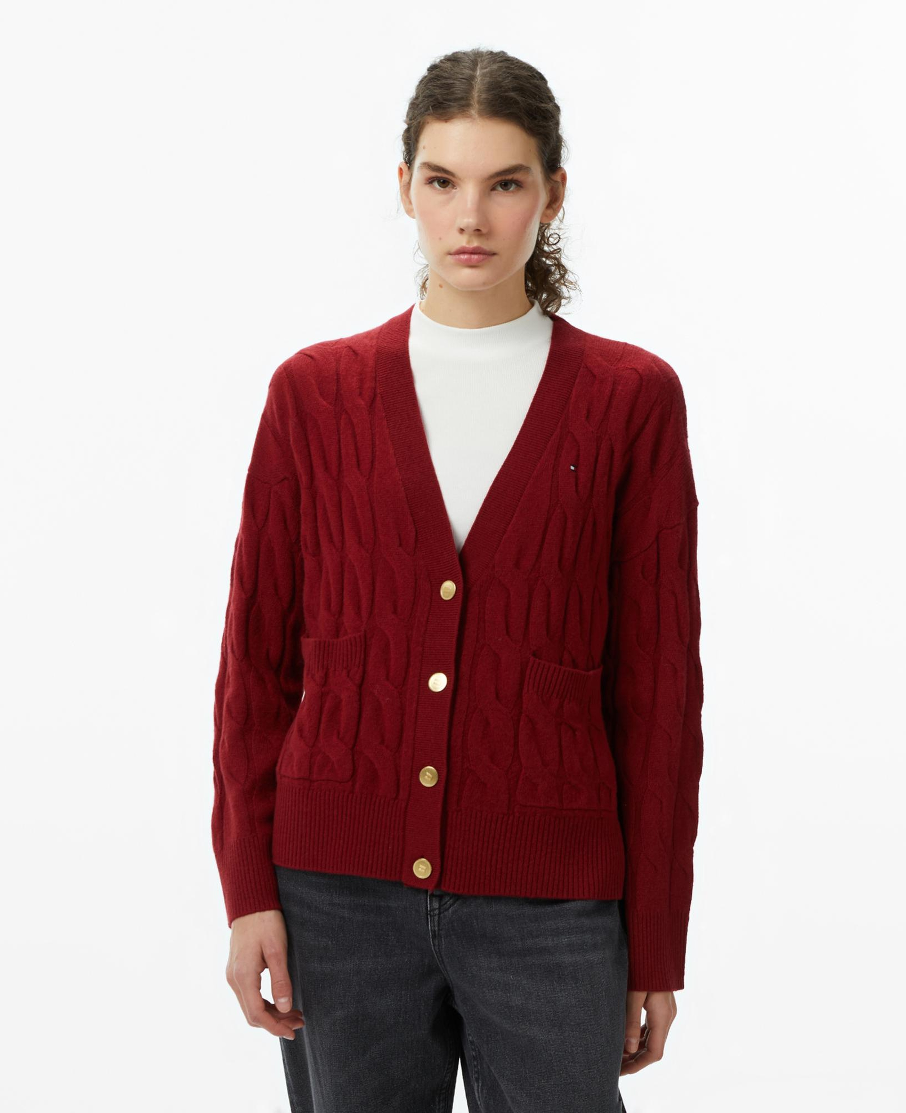 Tommy Hilfiger Mainline Soft Wool Cable Cardigan Kadın Kırmızı Hırka