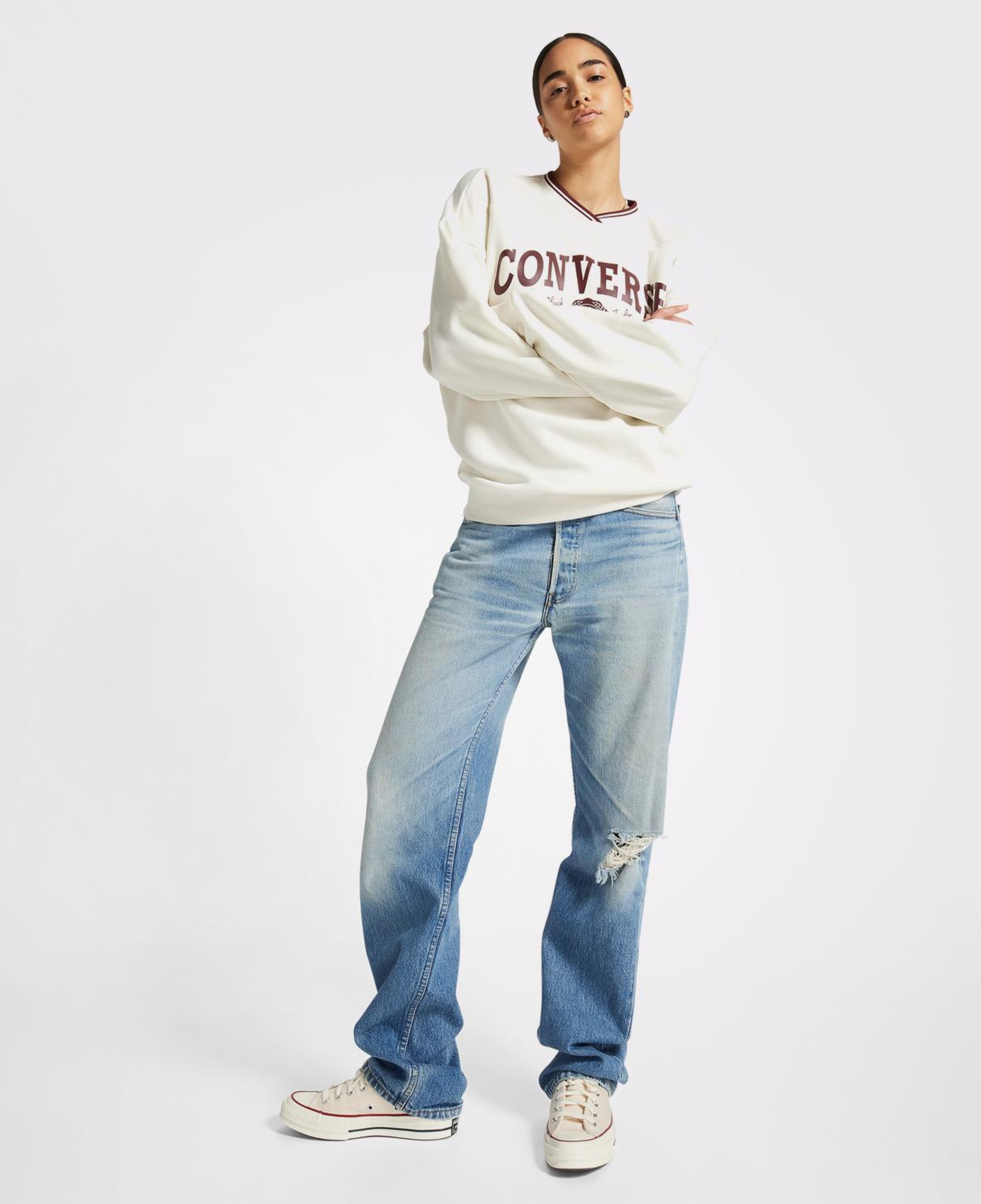 Converse Retro Oversized V-Yaka Kadın Krem Sweatshirt