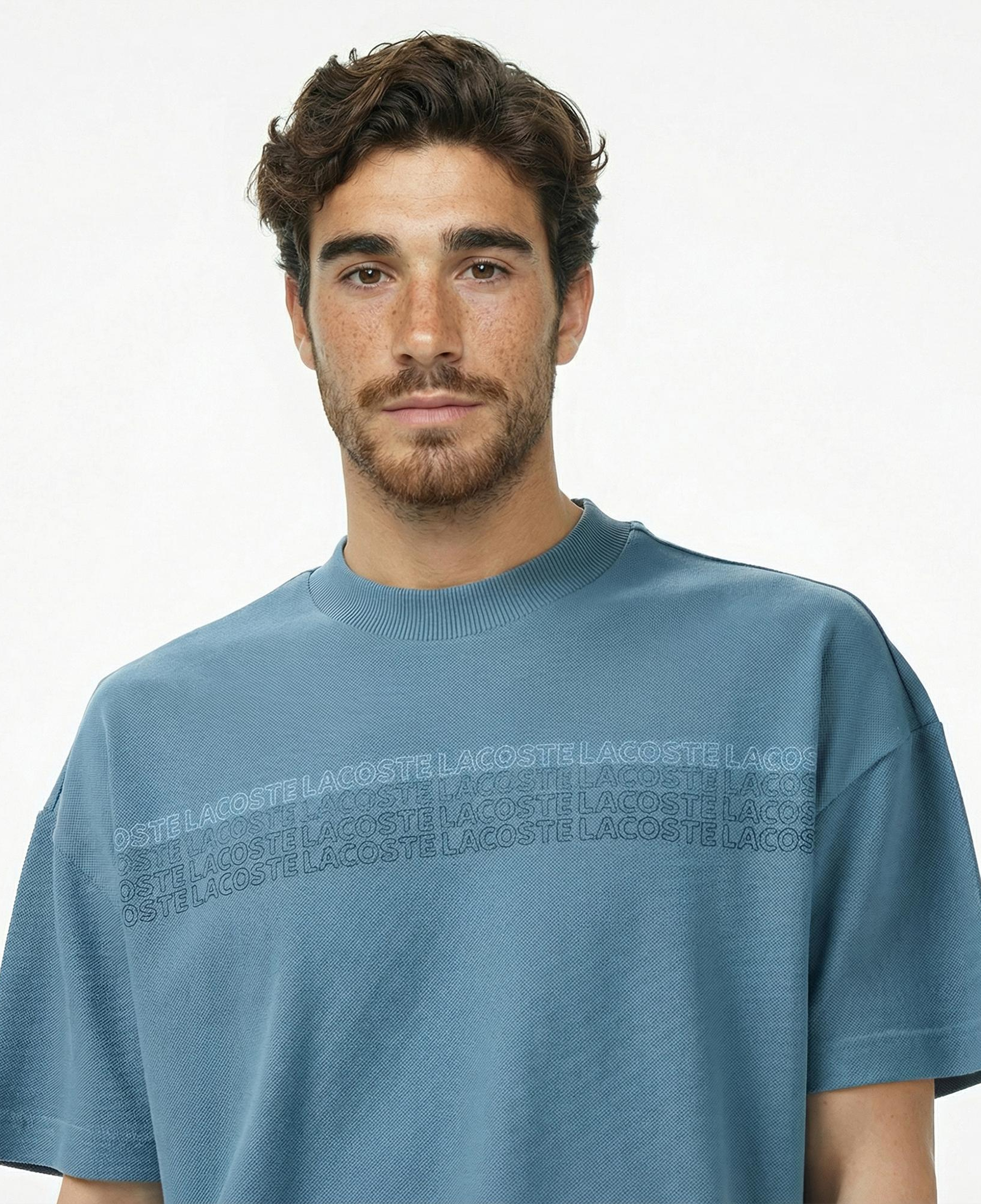 Lacoste Erkek Oversize Fit Bisiklet Yaka Baskılı Mavi T-Shirt