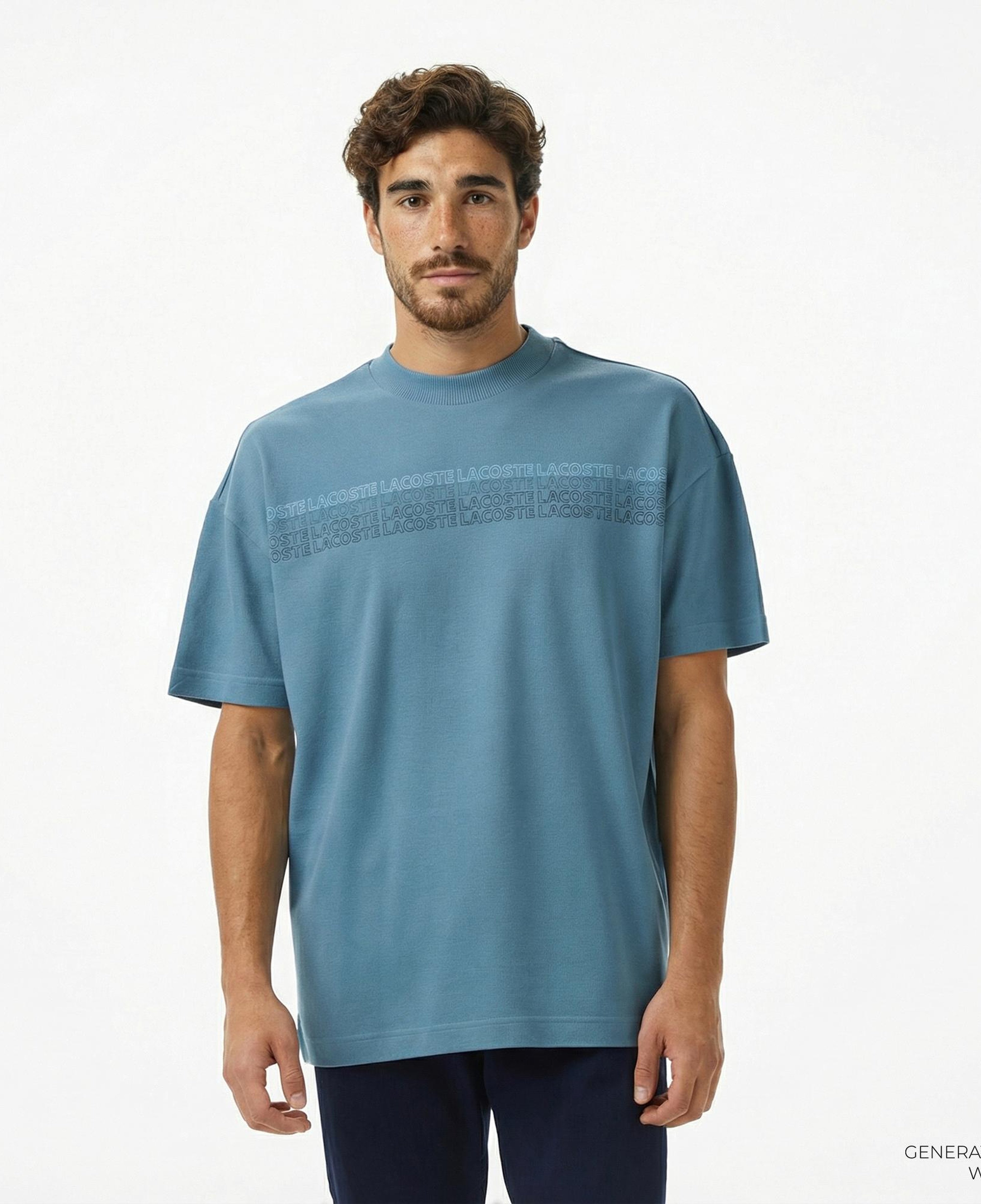 Lacoste Erkek Oversize Fit Bisiklet Yaka Baskılı Mavi T-Shirt