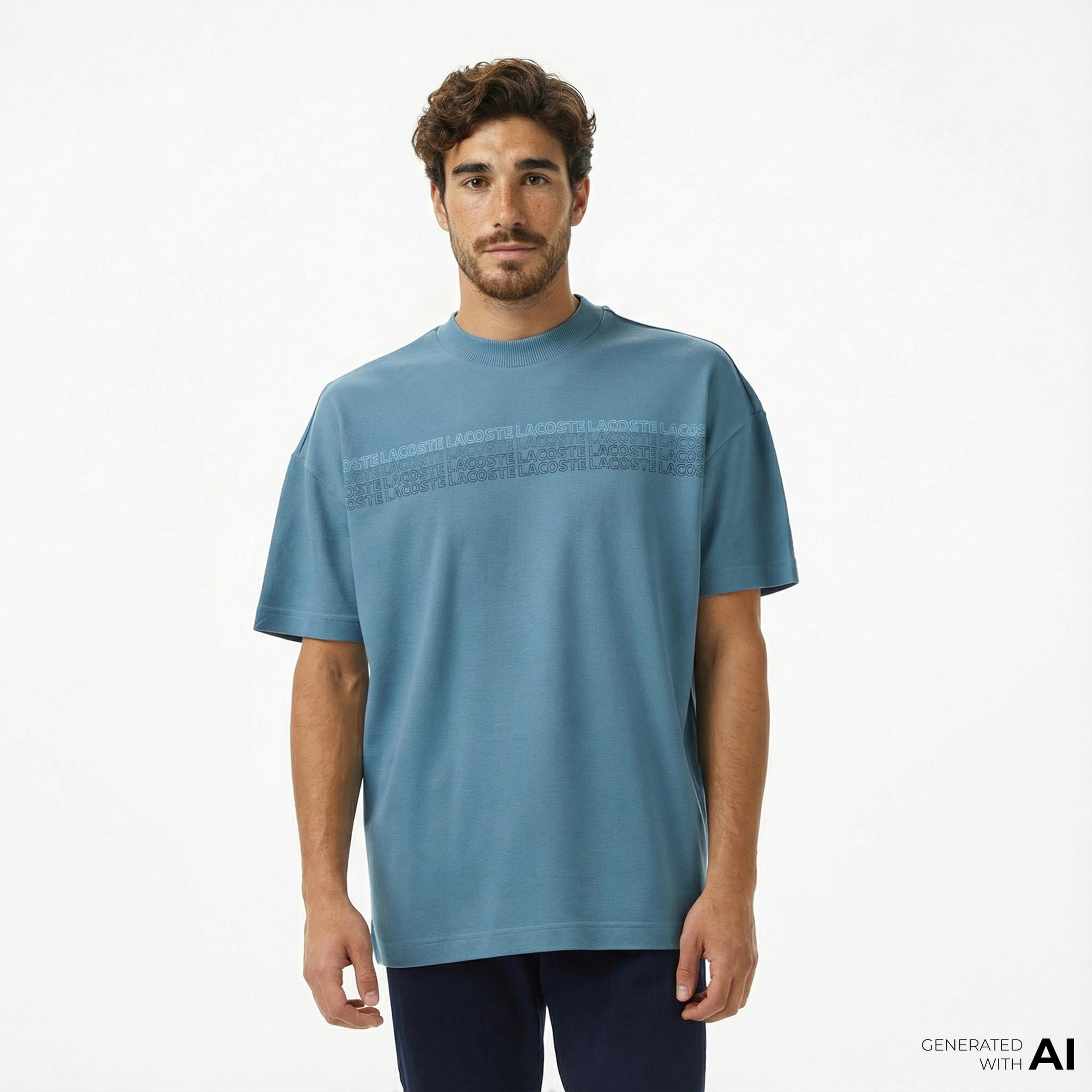 Lacoste Erkek Oversize Fit Bisiklet Yaka Baskılı Mavi T-Shirt