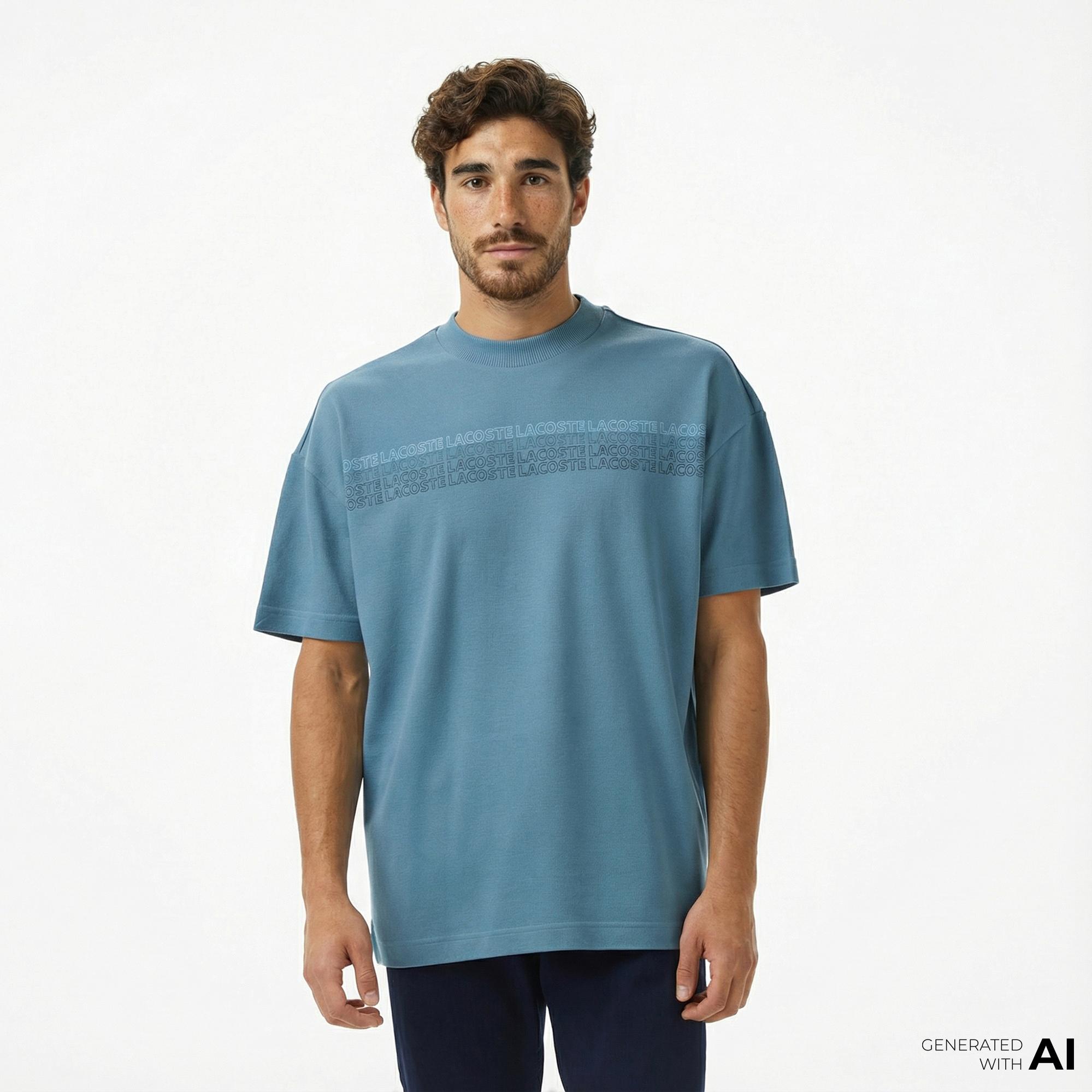 Lacoste Erkek Oversize Fit Bisiklet Yaka Baskılı Mavi T-Shirt