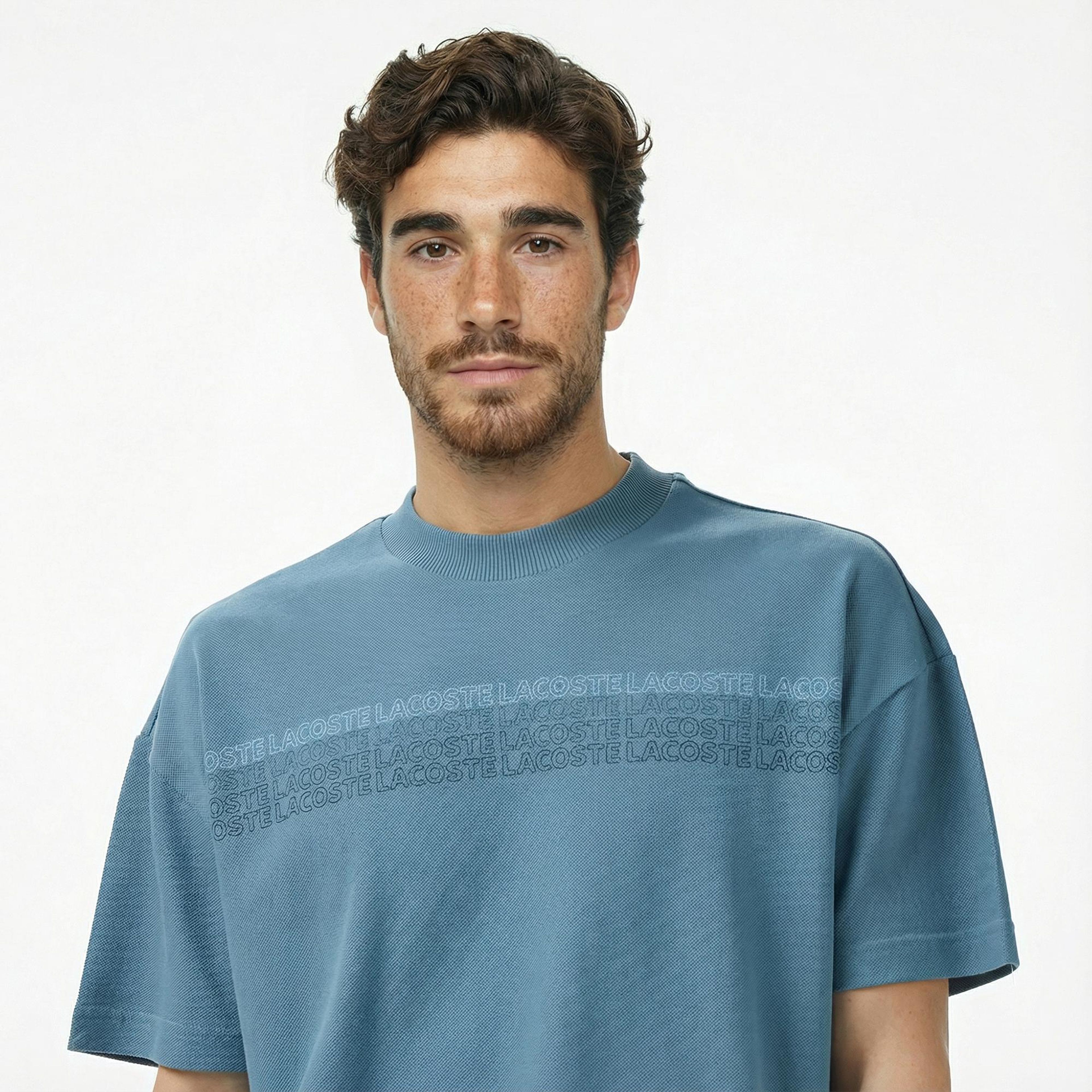 Lacoste Erkek Oversize Fit Bisiklet Yaka Baskılı Mavi T-Shirt