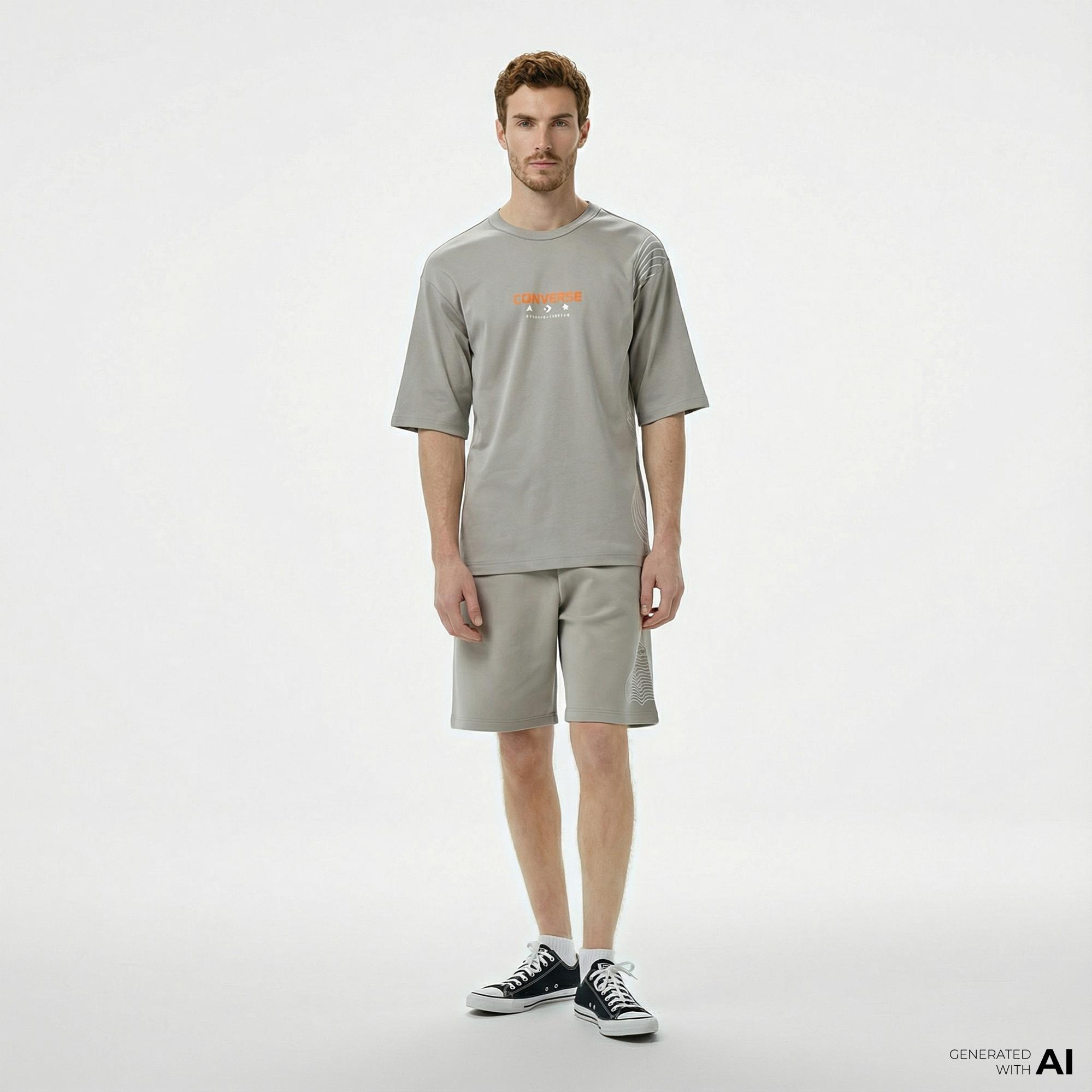 Converse Star Chevron Baskılı Oversize Fit Erkek Gri T-Shirt