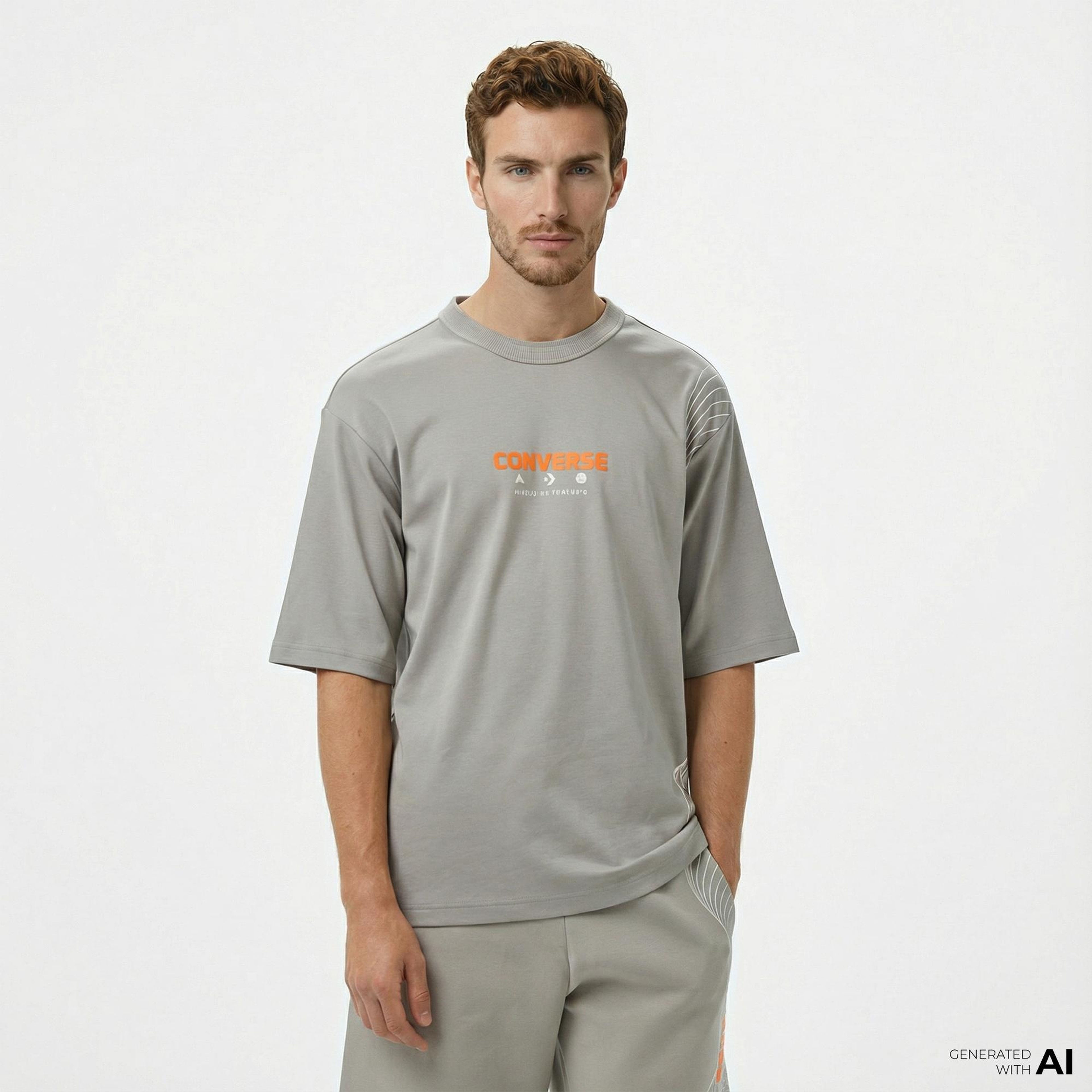 Converse Star Chevron Baskılı Oversize Fit Erkek Gri T-Shirt