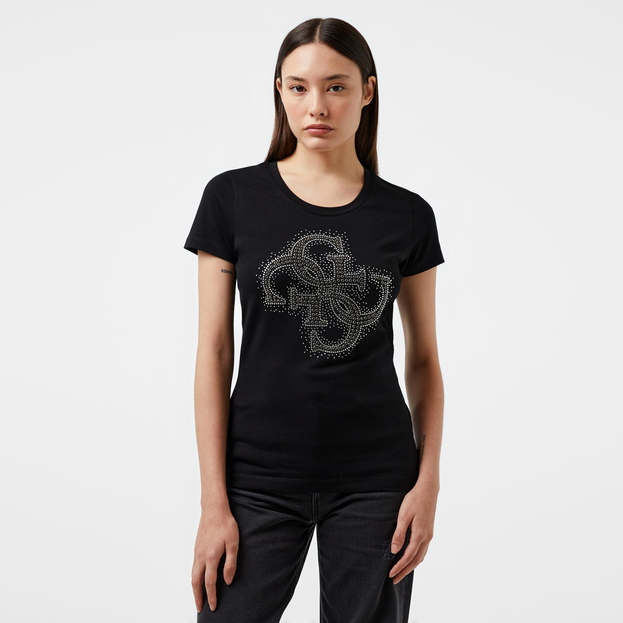 Guess Rn 4Logo Mid Organic Stretch Jersey 180 Kadın Siyah T-Shirt