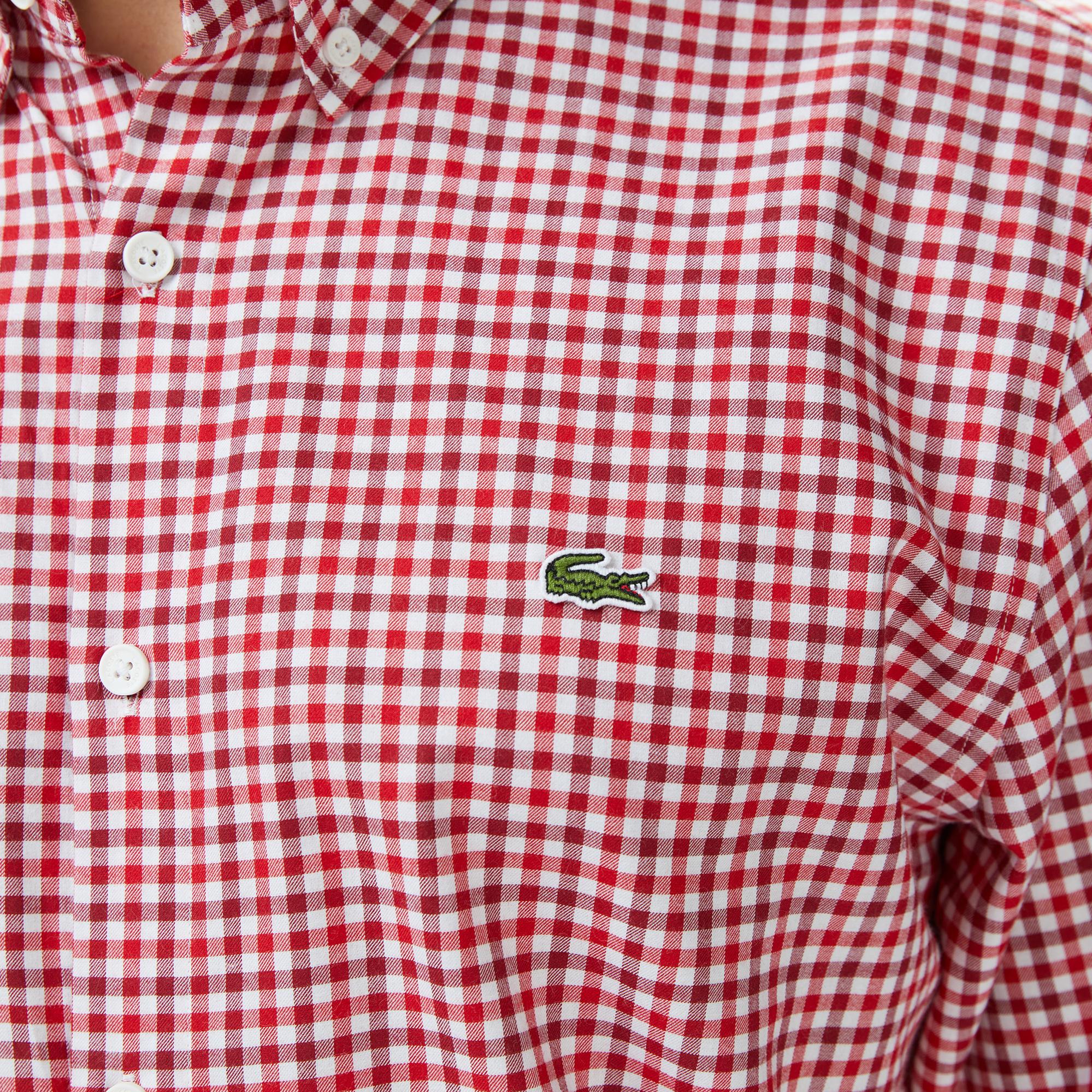 Lacoste Erkek Regular Fit Düğmeli Yaka Kareli Kırmızı Gömlek