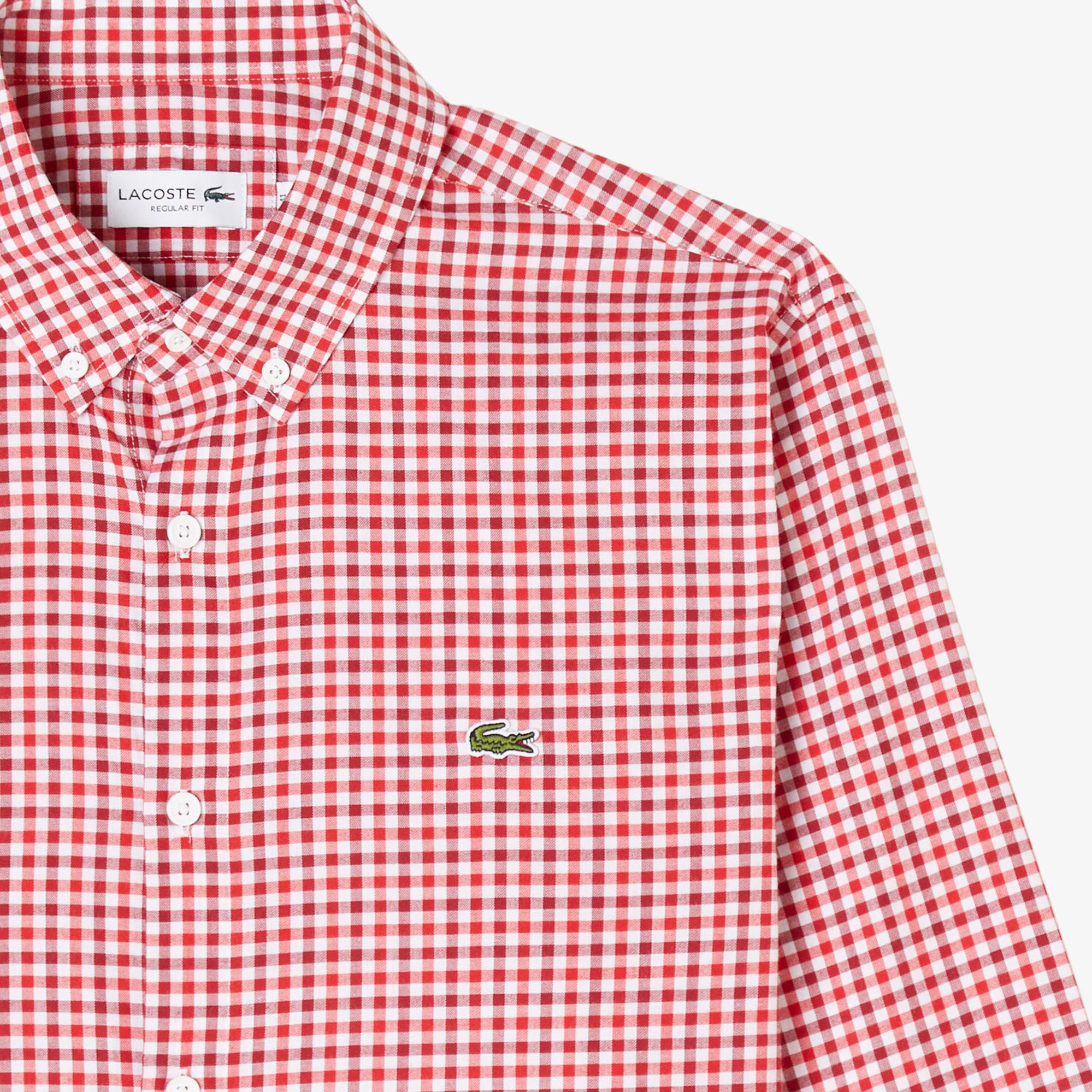 Lacoste Erkek Regular Fit Düğmeli Yaka Kareli Kırmızı Gömlek