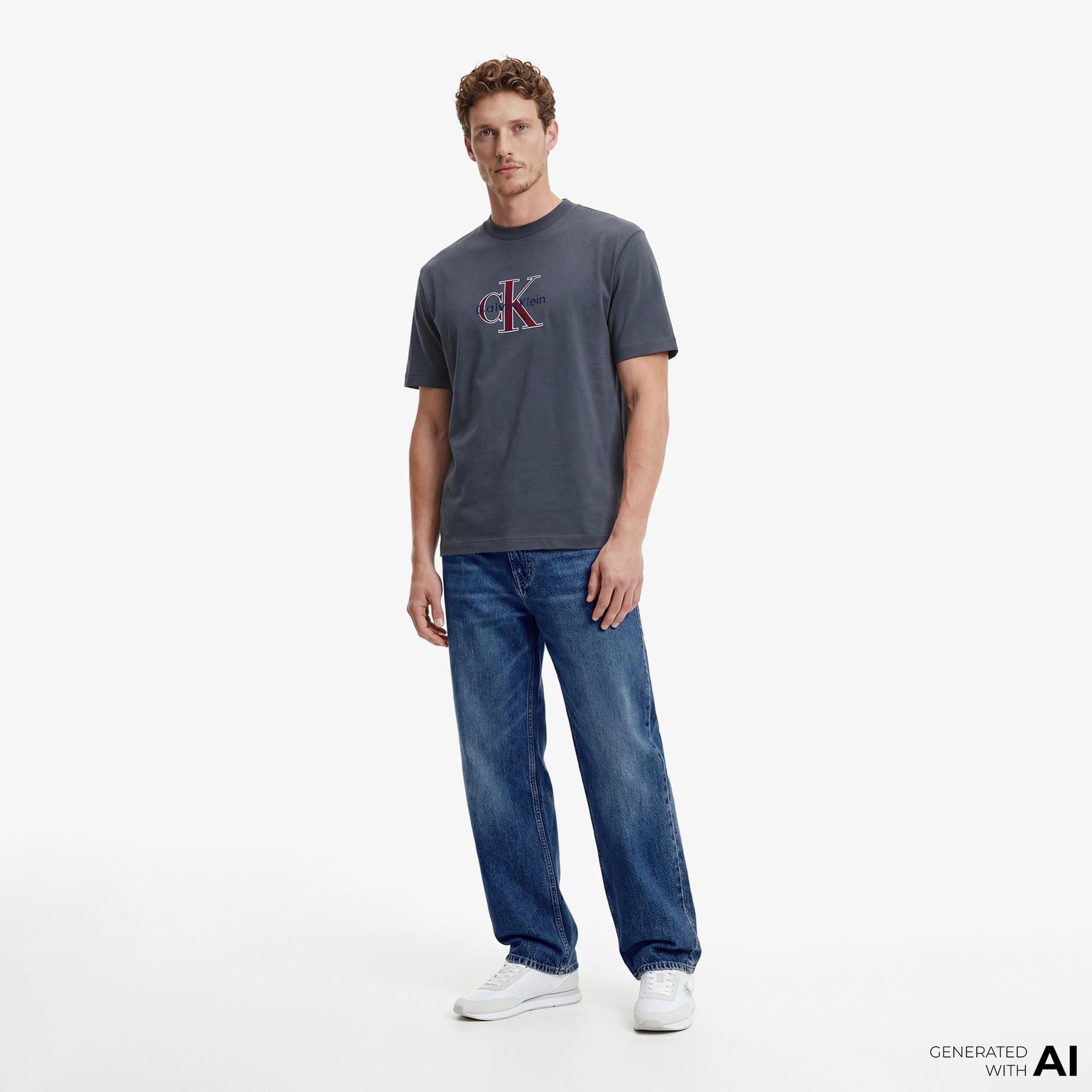 Calvin Klein Tricolor Monologo Graphic Erkek Mavi T-Shirt