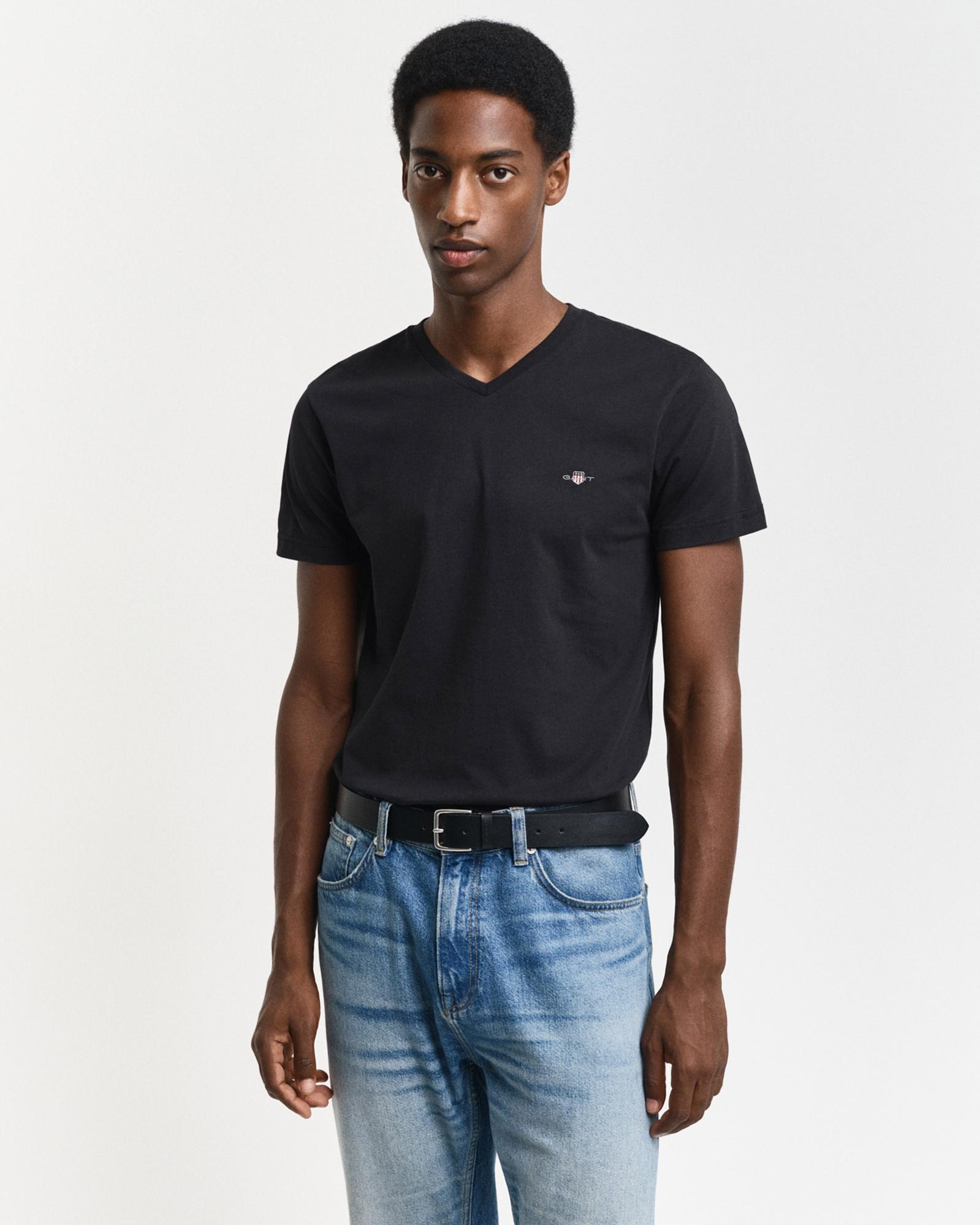 GANT Erkek Siyah Slim Fit V Yaka T-Shirt