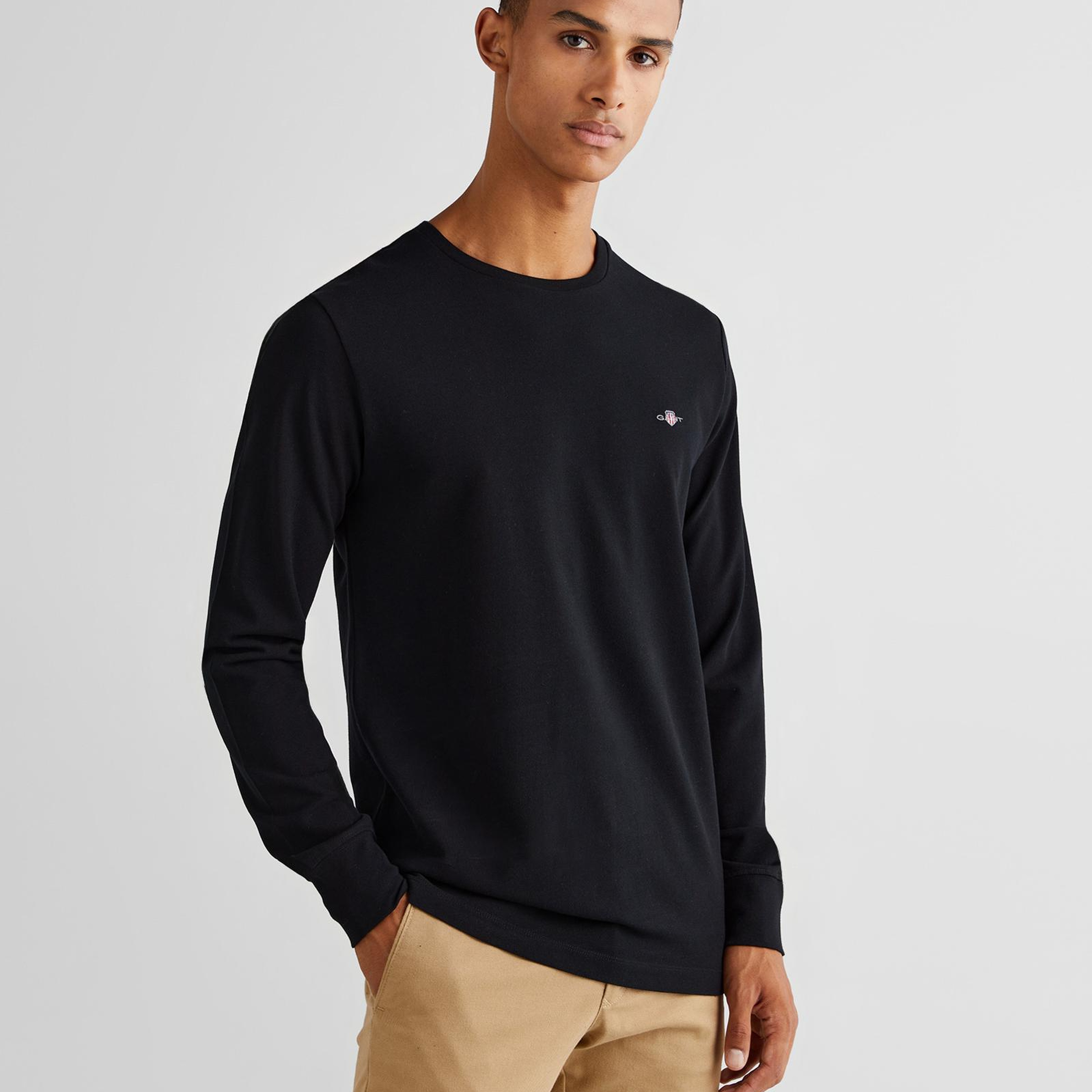 GANT Erkek Siyah Slim Fit Bisiklet Yaka Uzun Kollu T-Shirt