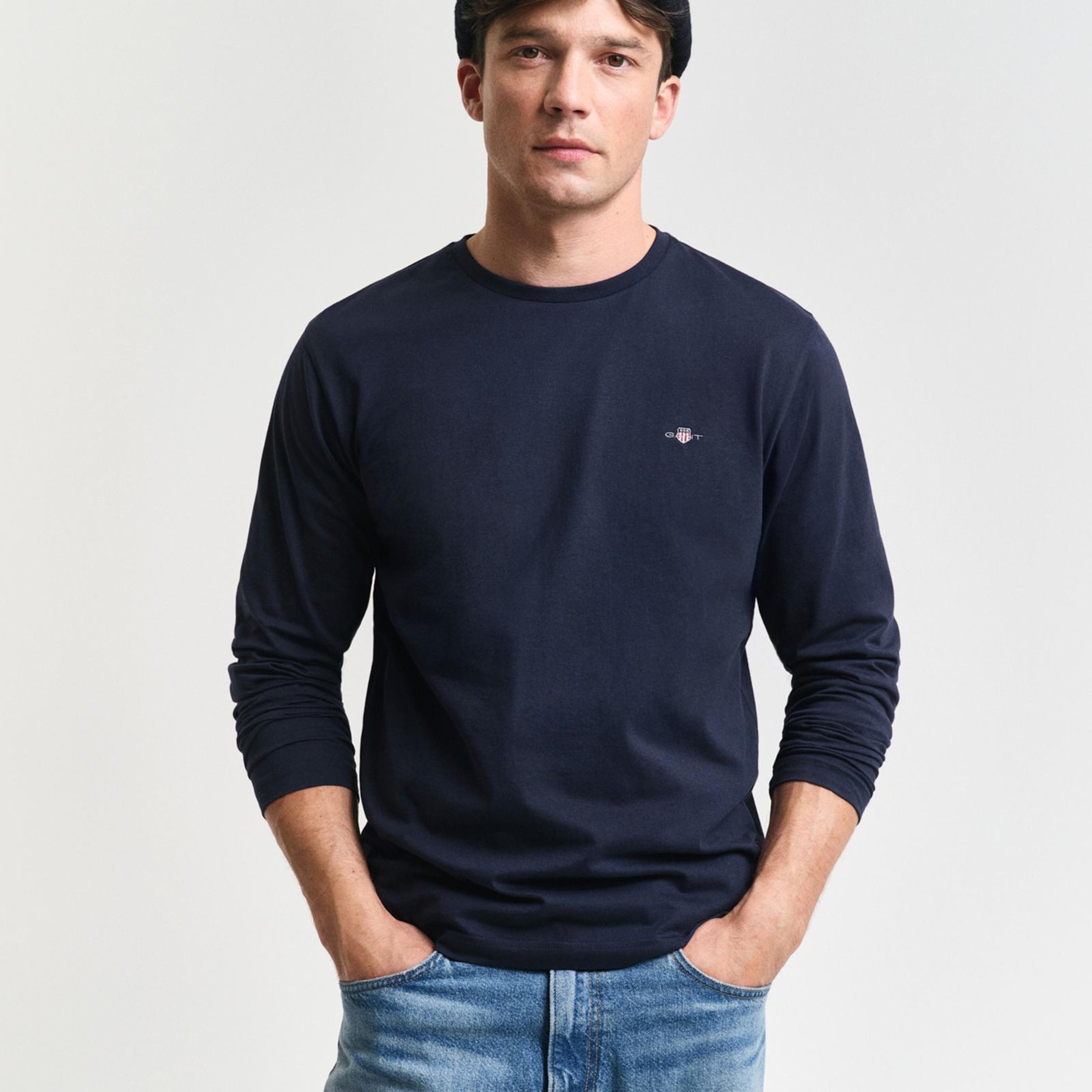 GANT Erkek Lacivert Regular Fit Bisiklet Yaka Uzun Kollu T-Shirt