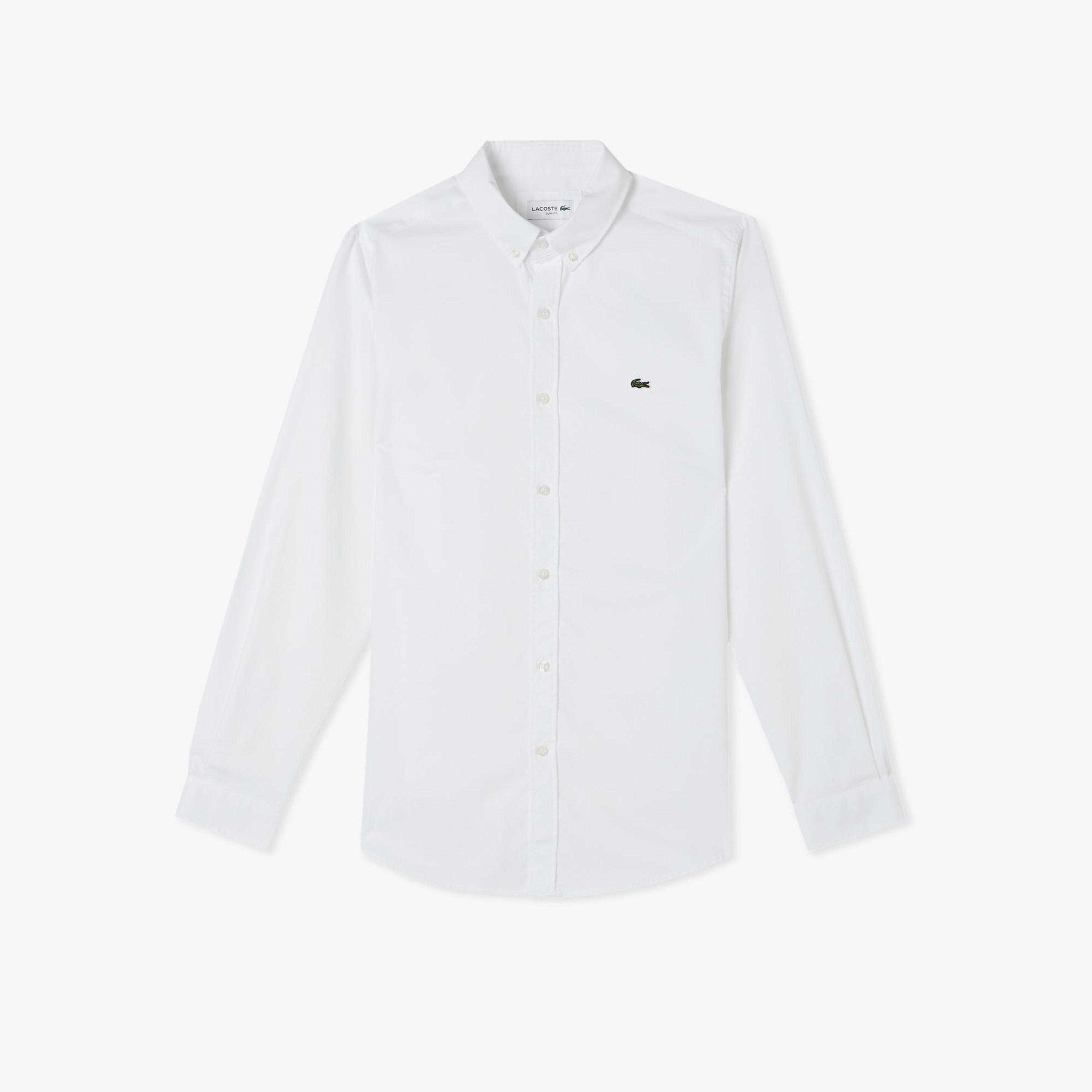 Erkek Slim Fit Düğmeli Yaka Beyaz Gömlek