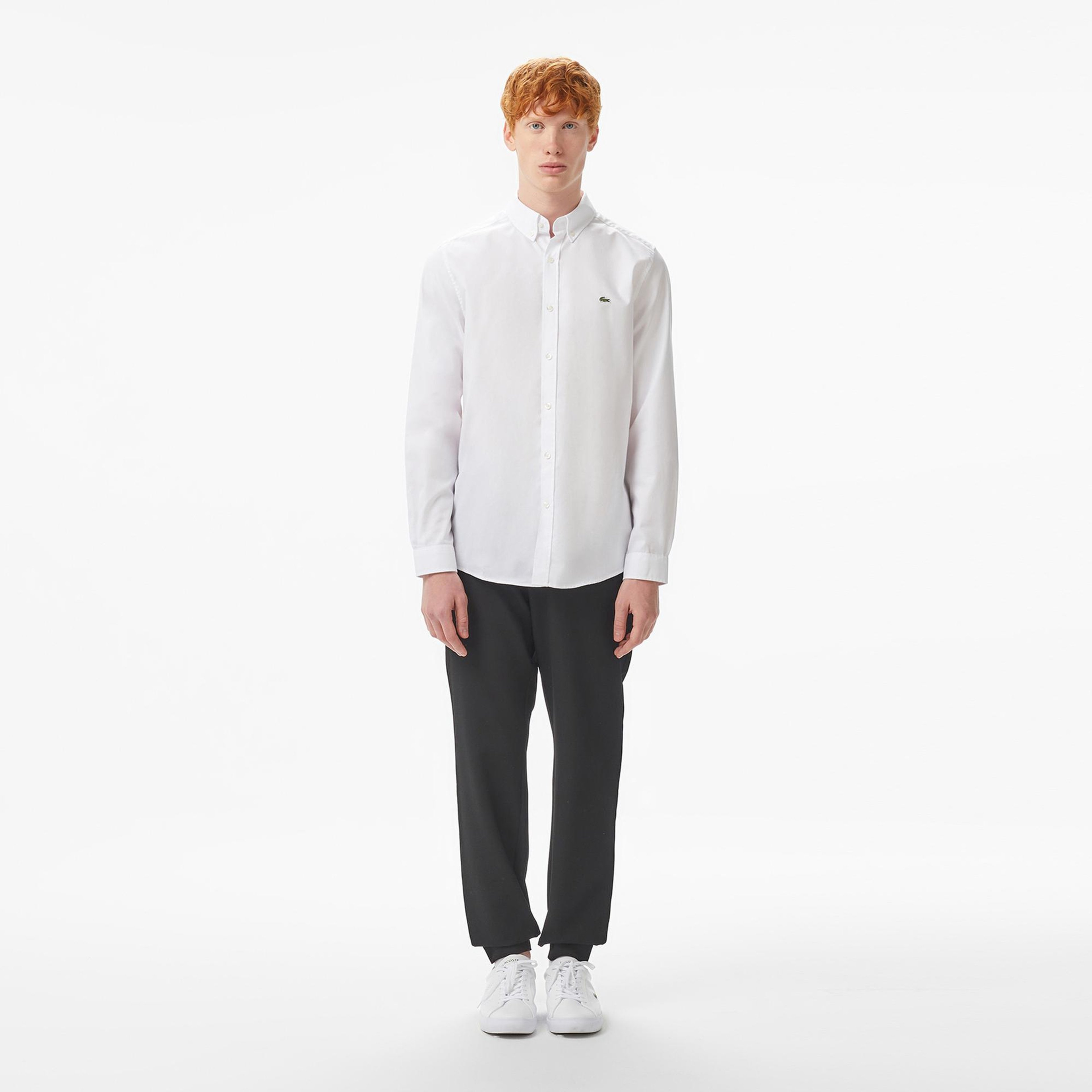 Erkek Slim Fit Düğmeli Yaka Beyaz Gömlek