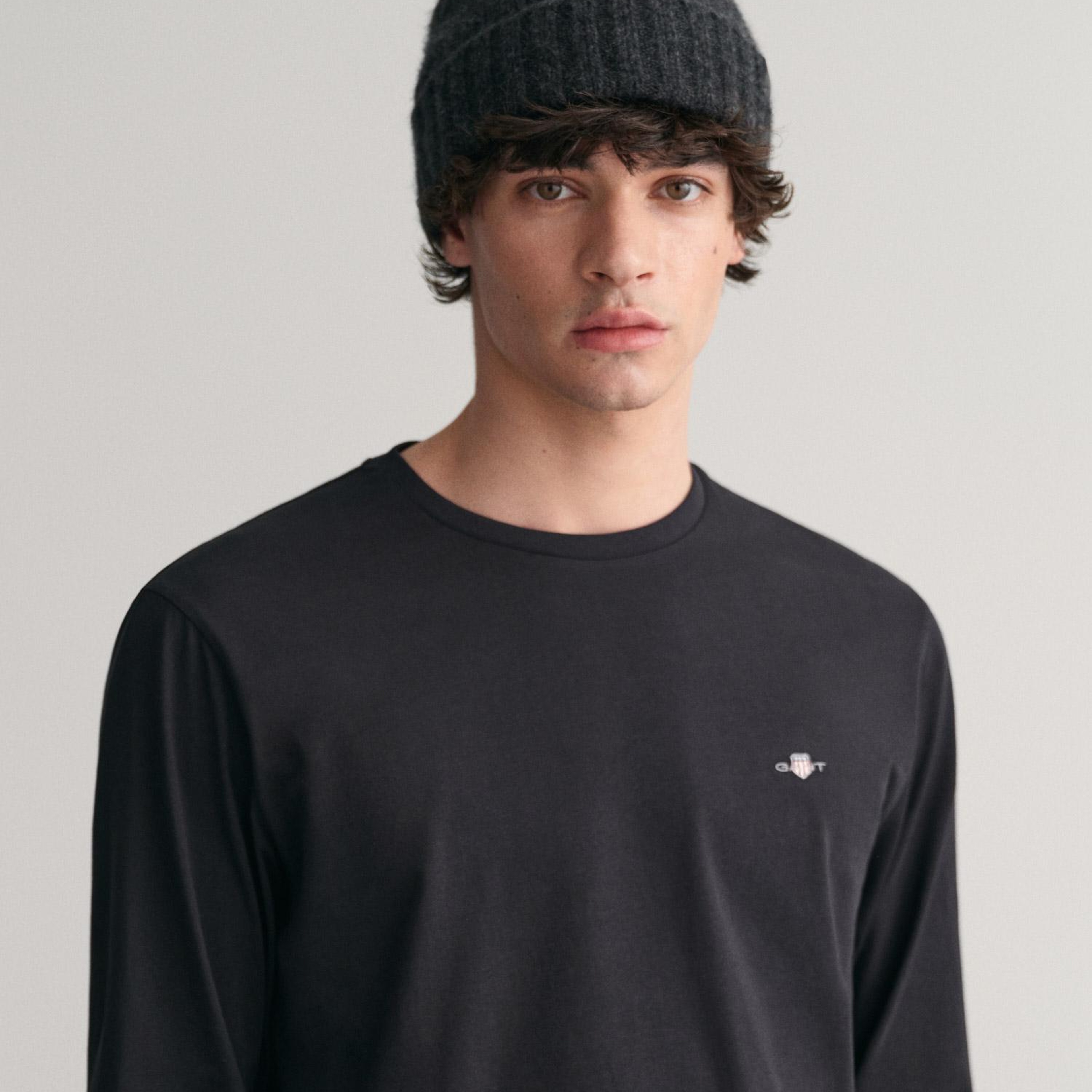 GANT Erkek Siyah Regular Fit Bisiklet Yaka Uzun Kollu T-Shirt