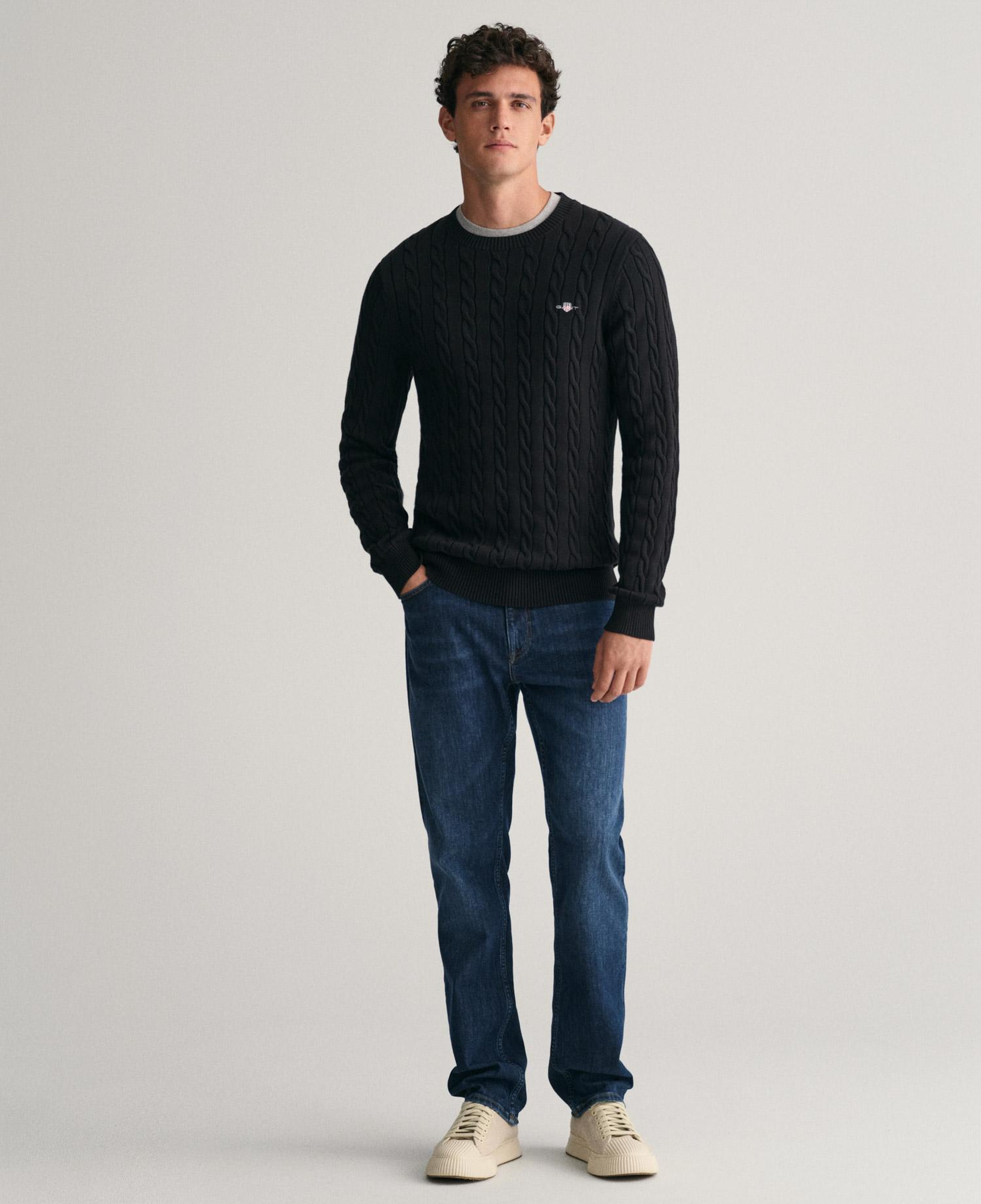 GANT Erkek Siyah Regular Fit Bisiklet Yaka Örgü Kazak