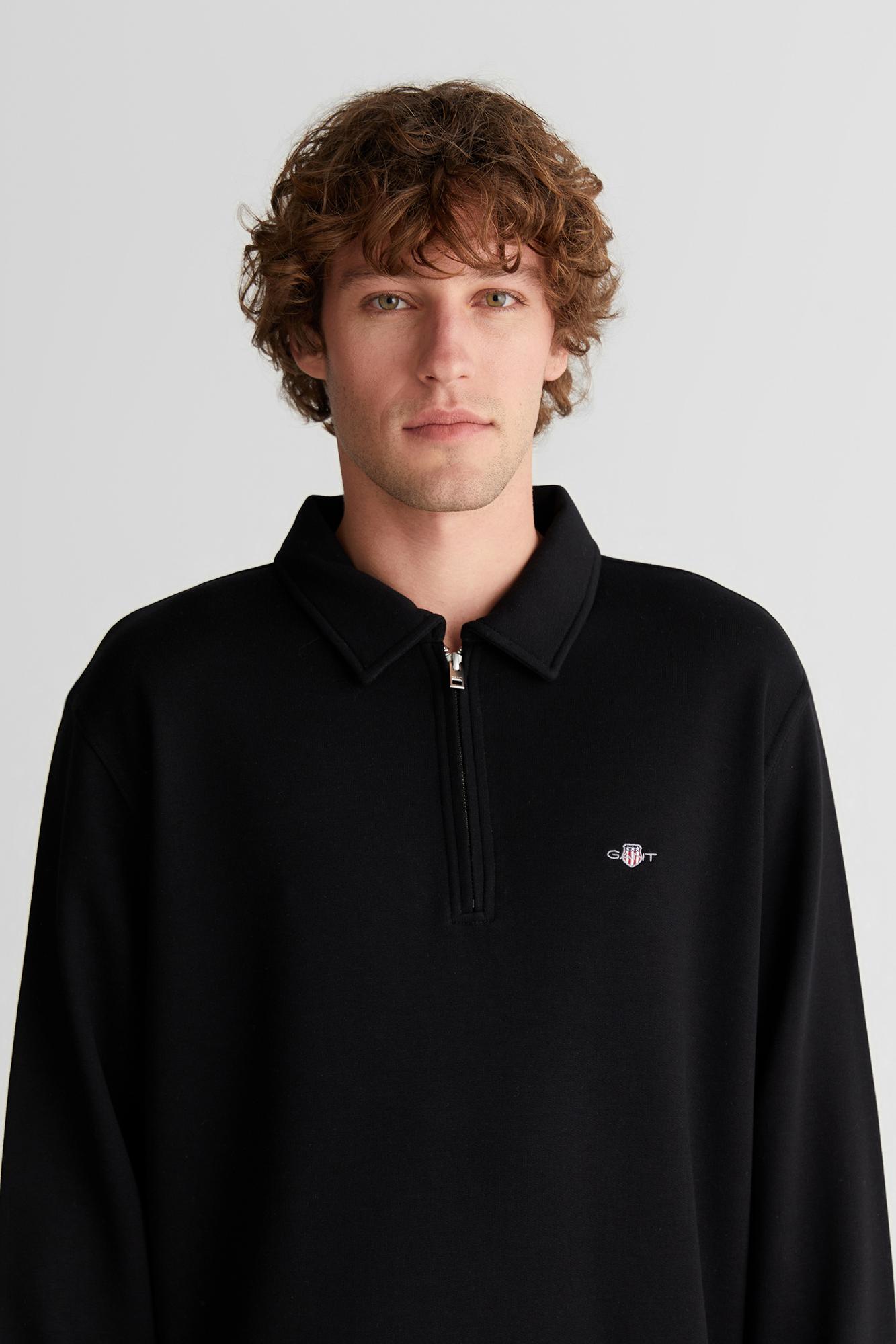 GANT Erkek Siyah Relaxed Fit Yarım Fermuarlı Logolu Sweatshirt