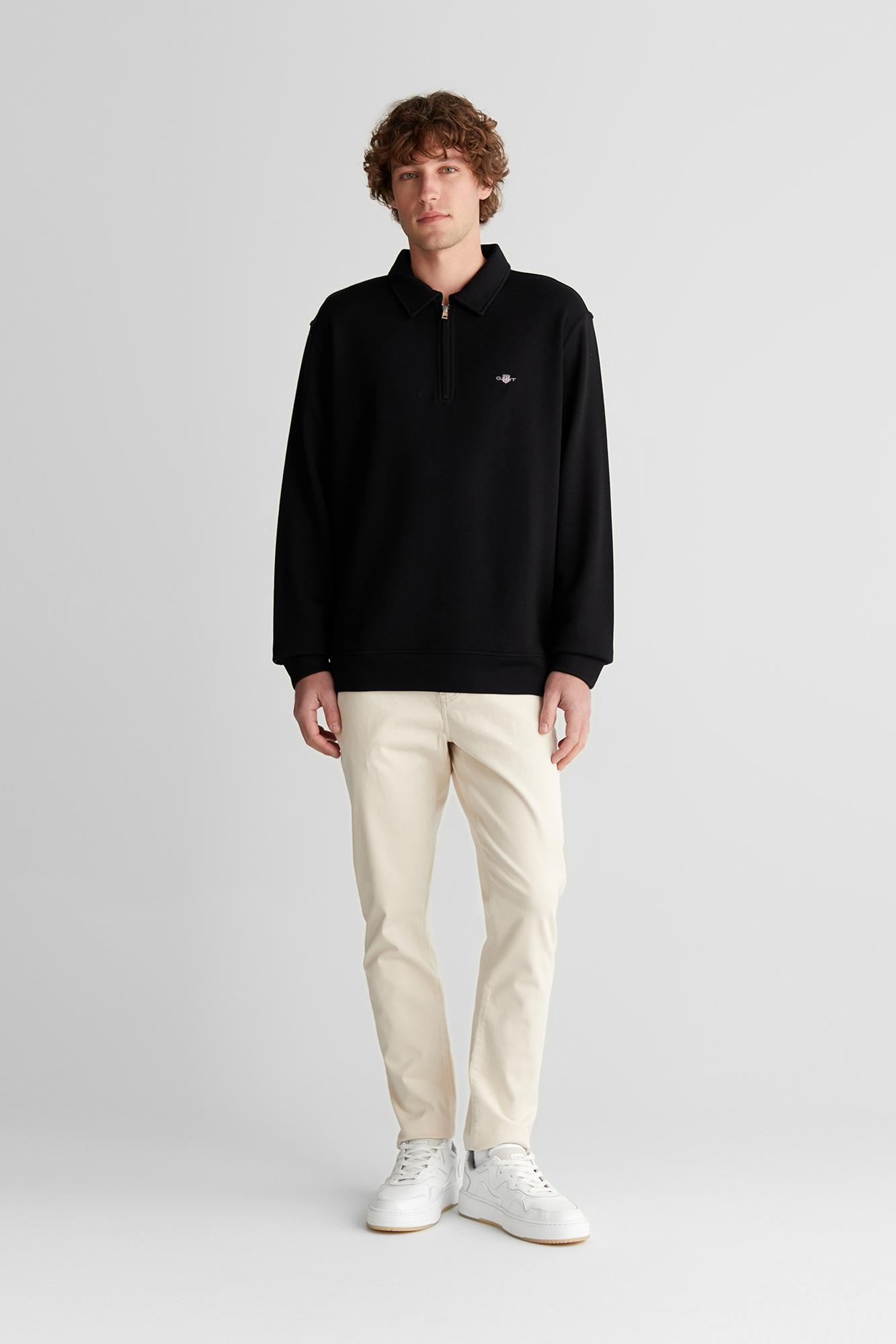 GANT Erkek Siyah Relaxed Fit Yarım Fermuarlı Logolu Sweatshirt