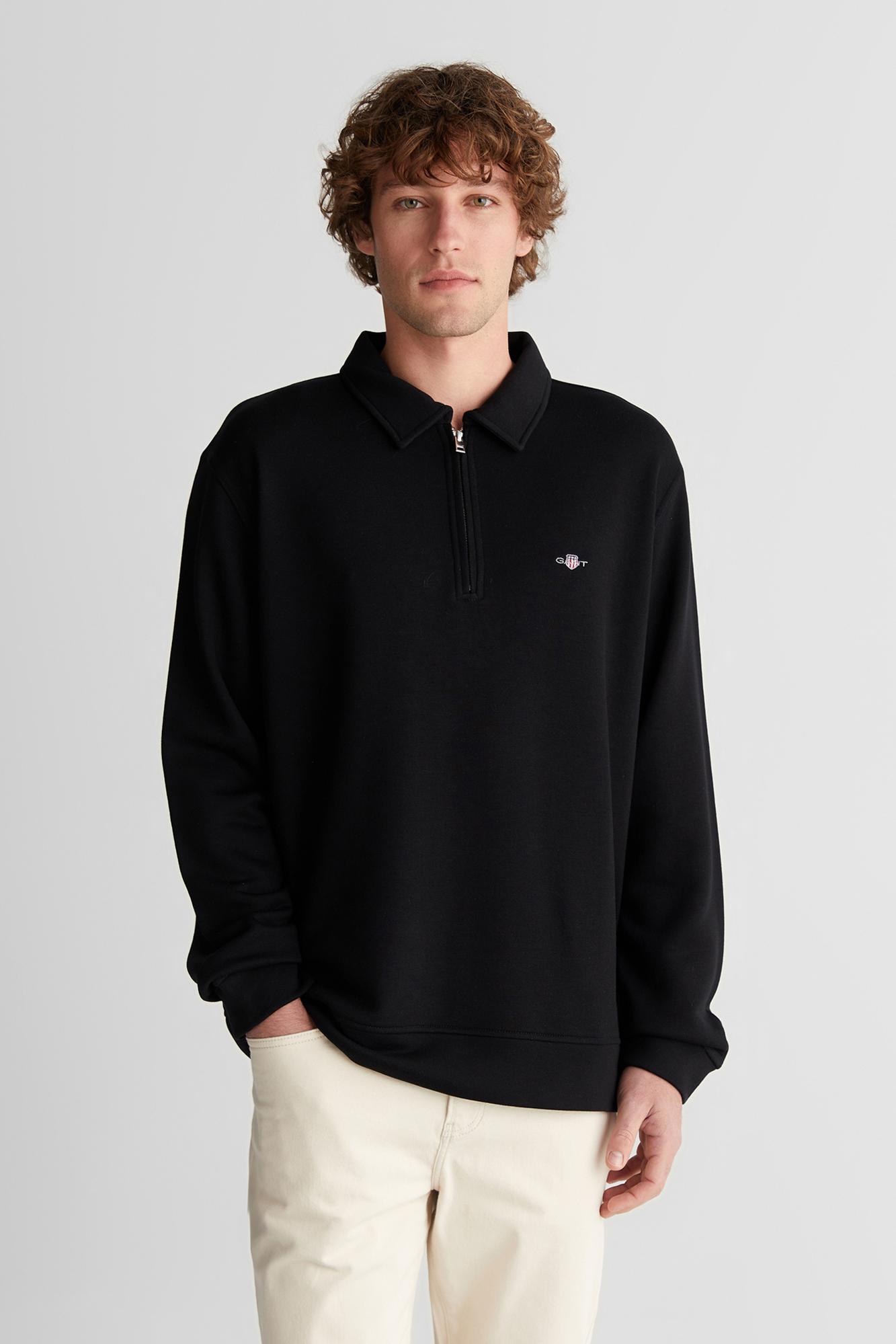 GANT Erkek Siyah Relaxed Fit Yarım Fermuarlı Logolu Sweatshirt